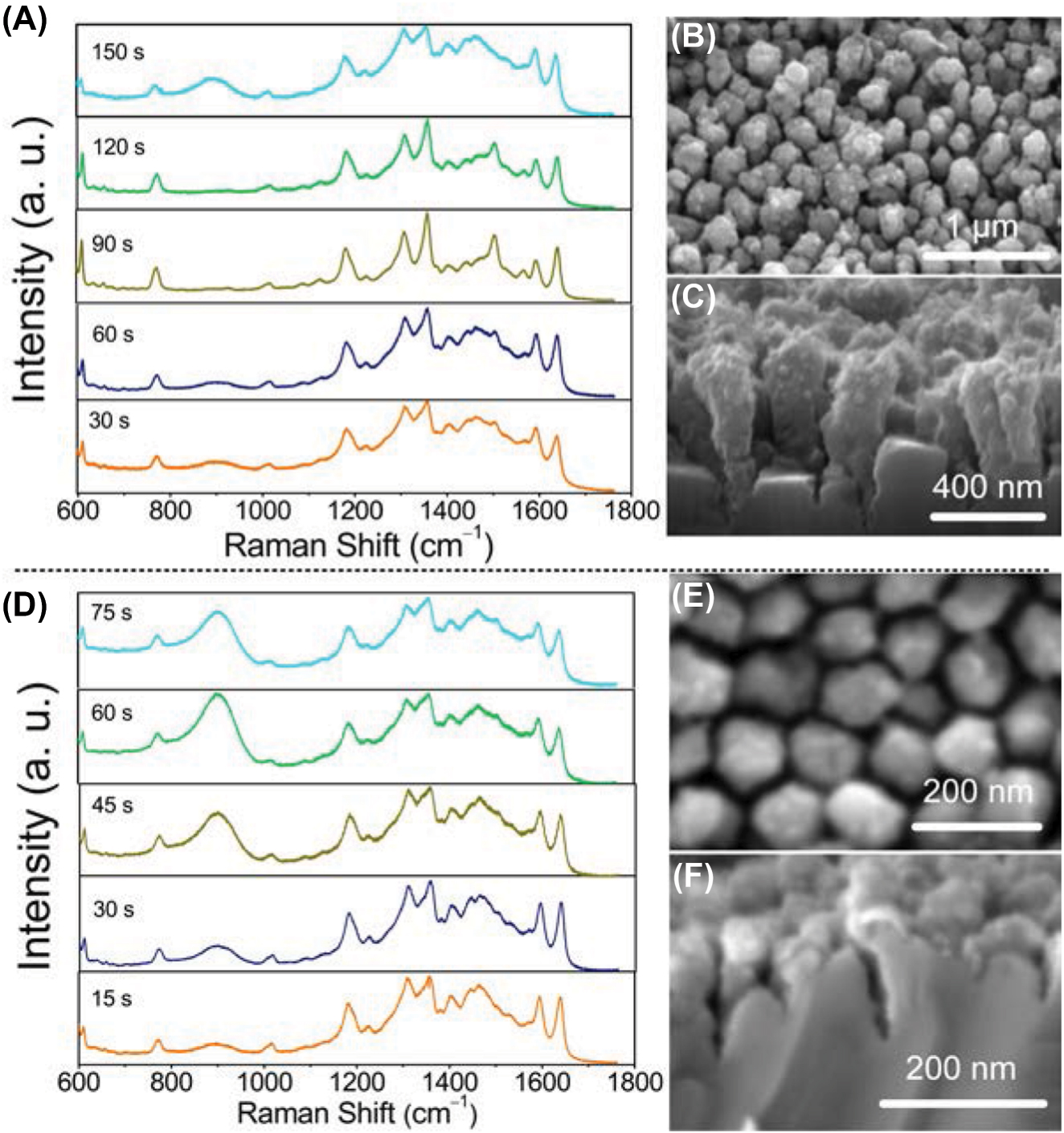 Figure 8: 
SERS performances on 1030 nm and 515 nm laser fabricated nanopillar arrays. (A) The Raman spectra of rhodamine 6G on gold coated ZnO nanopillar array fabricated by 1030 nm laser with different coating times. The concentration of R6G was 10−7 M. (B) Top view and (C) cross section of gold coated zinc nanopillar array. The coating time is 90 s. (D) The Raman spectra of rhodamine 6G on gold coated ZnO nanopillar array fabricated by 515 nm laser with different coating times. The concentration of R6G was 10−7 M. (B) Top view and (C) cross section of gold coated zinc nanopillar array. The coating time is 45 s.