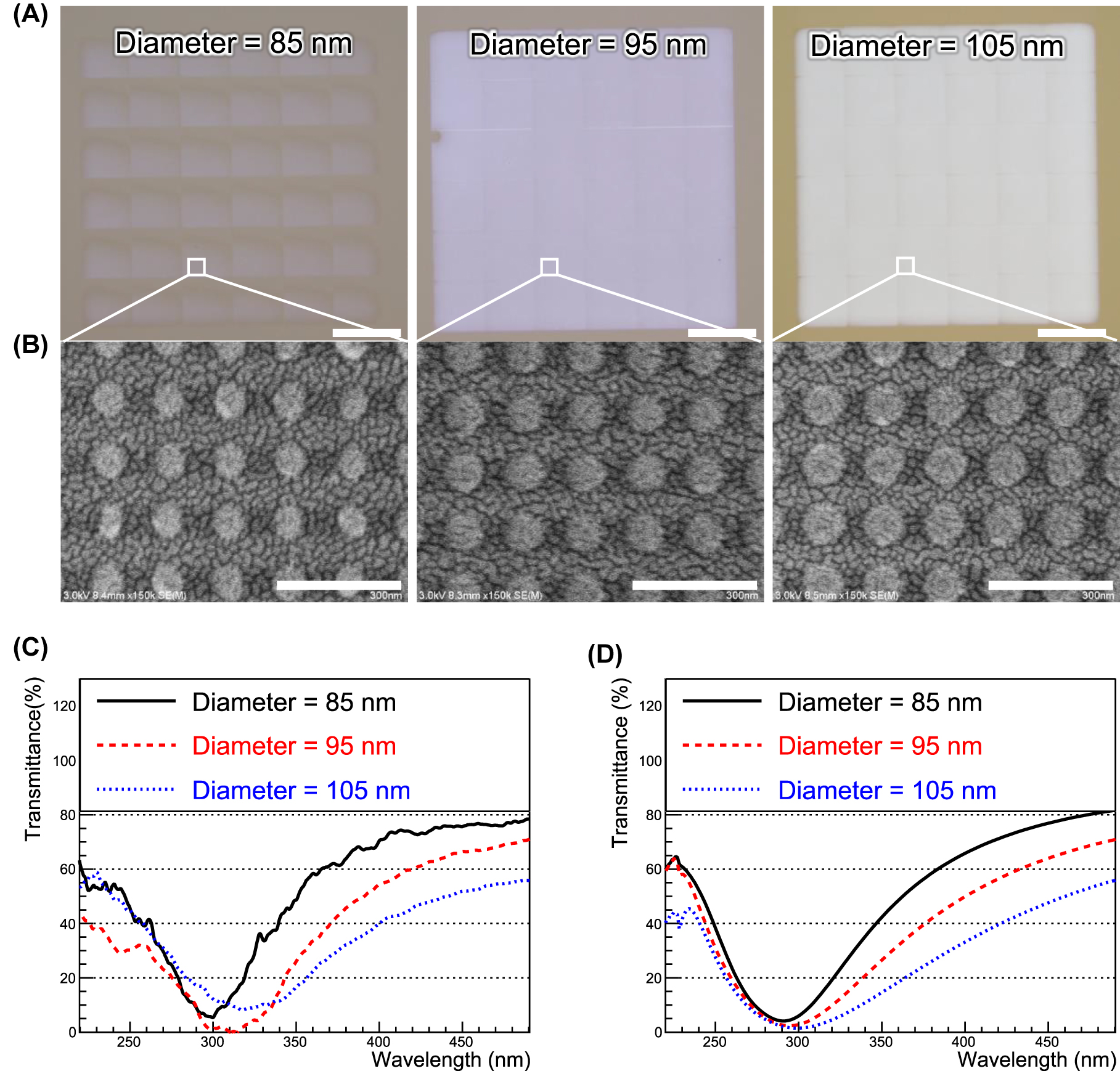 Figure 2:
Microscopic images of fabricated plasmonic filters, and their experimental and simulations results. (A) Microscopic images of aluminum nanodisks of different diameters (85, 95, and 105 nm). Scale bar is 200 μm. (B) SEM images of aluminum nanodisks of different diameters (85, 95, and 105 nm). Scale bar is 300 nm. (C) and (D) Transmission spectra of aluminum nanodisks of different diameters (85, 95, and 105 nm) for experiments and simulations, respectively.