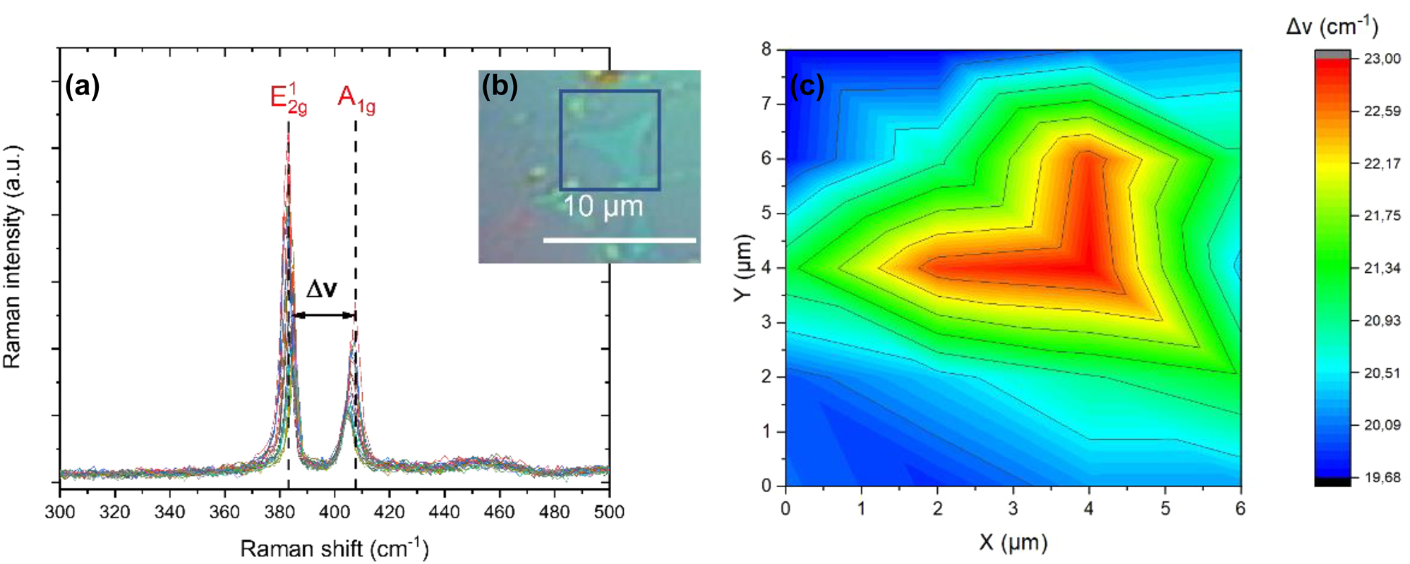 Figure 4: 
Characterization of an area of the printed MoS2 layer with Raman spectroscopy. The image in the middle is from an optical microscope with ×100 magnification and shows the characterized region. The Raman graph on the left depicts 30 different Raman spectra which correspond to 30 points within the marked area on the inset (b) in the middle. The image on the right is a Raman colour map and shows the range of the μv within the blue box of (b) with an area of 6 μm × 8 μm.