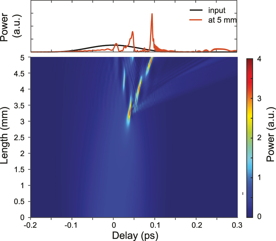 Figure 4: 
Simulated temporal envelope on top (black – input, red – output), and temporal pump pulse evolution in the bottom, corresponding to the same conditions as in Figure 3(a).