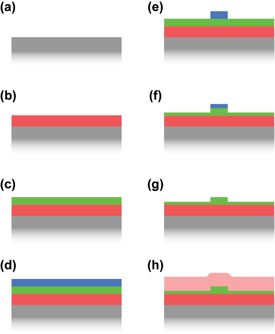 Figure 7: 
Generic fabrication process for nanophotonic waveguides. (a) The carrier wafer (grey), typically silicon. (b) Deposition of the bottom cladding (red) and (c) deposition of the waveguide layer (green). (d) And (e) lithography using a photoresist (blue). (f) Etching of the waveguide via the patterned photoresist mask. Here the waveguide is only partially etched. (g) Resist stripping and cleaning. (h) Top cladding deposition (light red).