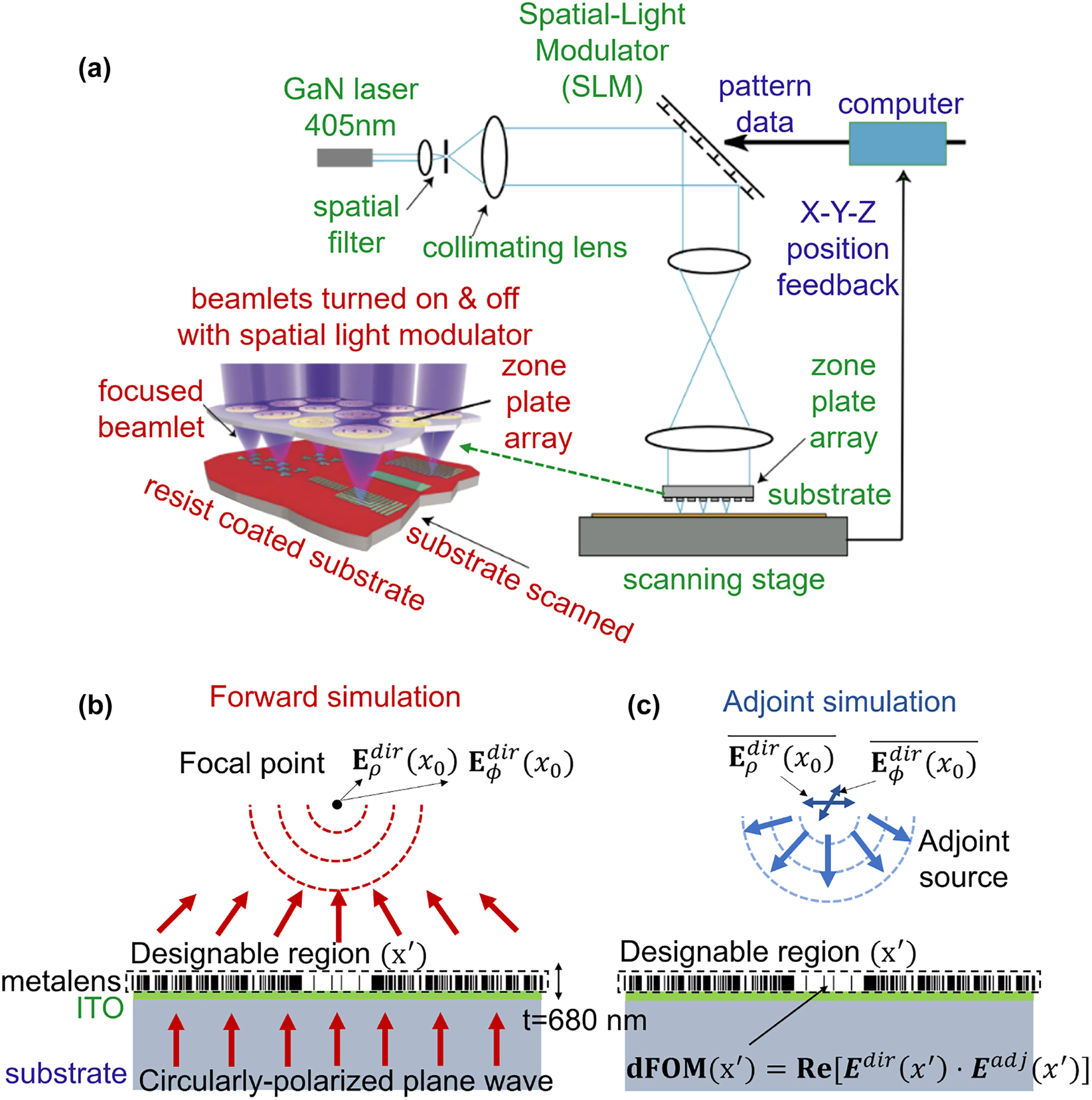 Figure 1: 
Metalens inverse design. (a) Schematic depiction of zone-plate-array lithography (ZPAL). A CW laser illuminates a spatial-light modulator, each pixel of which controls the light intensity to one zone-plate of the array. By adjusting the focal-spot intensity from zero to maximum in a quasi-continuous manner, linewidth can be controlled and proximity-effects corrected. By moving the stage under computer control, while intelligently modulating focal-spot intensities, patterns of arbitrary geometry can be written. (b) Schematic depiction of forward simulation of inverse design. A circularly-polarized plane wave is excited from the substrate. 




E


ρ


dir



(



x


0



)

,


E


ϕ


dir



(



x


0



)



${E}_{\rho }^{\text{dir}}({x}_{0}),{E}_{\phi }^{\text{dir}}({x}_{0})$



 at the focal point are stored for the adjoint simulation. (c) A conjugated 




E


ρ


dir



(



x


0



)

,


E


ϕ


dir



(



x


0



)



${E}_{\rho }^{\text{dir}}({x}_{0}),{E}_{\phi }^{\text{dir}}({x}_{0})$



 field now back-propagates to obtain adjoint electric fields at the designable region (x′).
