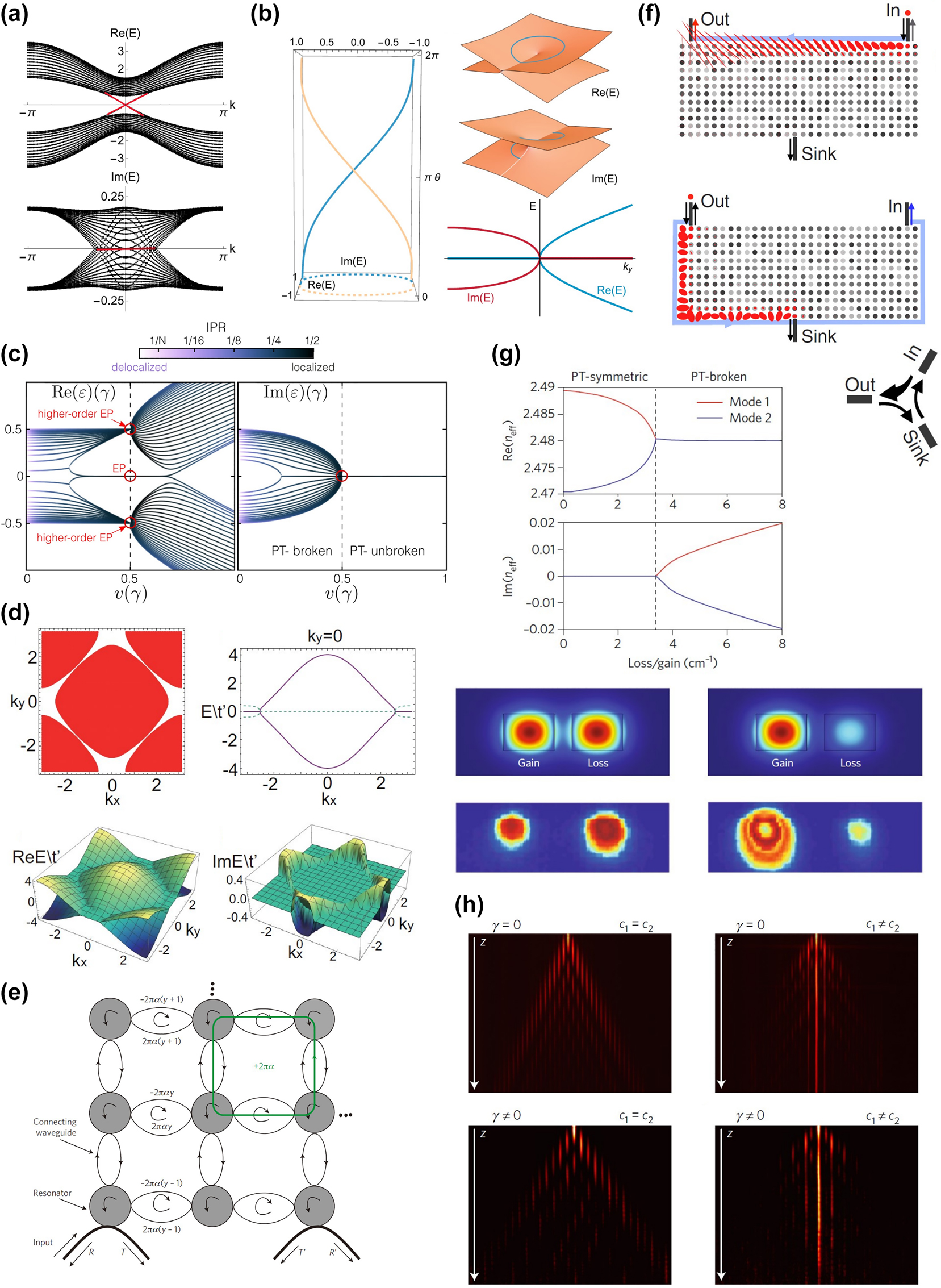 Figure 1: 
Examples of non-Hermitian physics, topological photonics and non-Hermitian topological photonics. (a) Real and imaginary part of band structures that belong to a non-Hermitian BHZ model (N = 32), showing purely real edge bands even in the PT-broken region [83]. (b) Schematic picture of the real and imaginary part of the eigenvalues closed to an EP, the left panel shows the energy evolution when cycling around the EP [69]. (c) Real and imaginary parts of the eigenvalues in a special non-Hermitian Hamiltonian (N = 30), showing high order EPs and anomalous localization [85]. (d) Band structure in a 2D model, the red and white regions belong to different topological numbers and are just separated by exceptional rings [86]. (e) Coupled ring resonators exhibiting synthetic gauge field and can support a pair of edge states [87]. (f) Working scene of the amplifier, only the edge states can be amplified and by wisely set source and sink one can realize nonreciprocal transport [88]. (g) PT invariant configuration of two coupled waveguides showing an EP, both the simulation and experimental results confirm a transition between PT symmetric and PT broken region [8]. (h) Propagation of modes in wiggled waveguide array which is equivalent to the non-Hermitian SSH model, the right bottom picture clearly shows an edge state with larger dissipation length [89].
