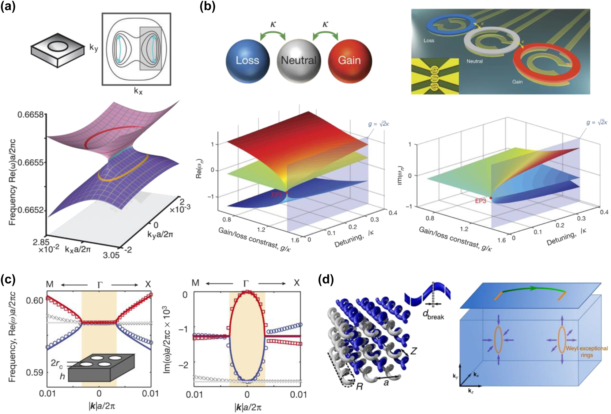 Figure 7: 
Exceptional degeneracy in non-Hermitian systems. (a) A pair of EPs in a 2D periodic photonic crystal (top) [190]. Band structures in k

x
 − k

y
 plane, where Fermi arc connects a pair of EPs (bottom). (b) Third-order EP in PT symmetric coupled cavity systems [192] (top). Band structures with complex eigenfrequencies in the parameter space, exhibiting a third-order (bottom). (c) Exceptional rings realized in a photonic crystal slab, where complex eigenvalues exhibit exceptional rings in the 2D k-space [196]. (d) Bipartite helical waveguide array, where breaks are added to one of the sublattices to remove the Hermiticity [209]. The projection of a pair of Weyl exceptional rings are connected by surface states.
