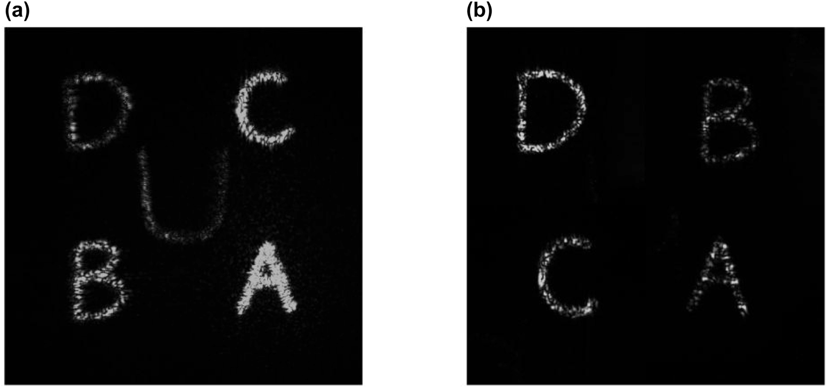 Figure 5: 
Experimental results of the “four-in-one” LC hologram in different orders. (a) Holographic image of four designed holograms in the right order. (b) Holographic image of four jointly designed holograms in the wrong order.
