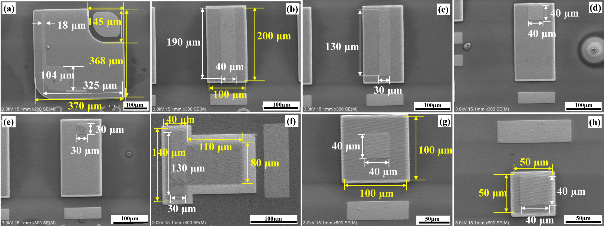 Figure 3:
SEM images of the fabricated NW LEDs. Details of the chip layout for (a) sample a; (b) sample b; (c) sample c; (d) sample d; (e) sample e; (f) sample f; (g) sample g; and (h) sample h (white line: length of p-electrode; yellow line: length of ITO region).