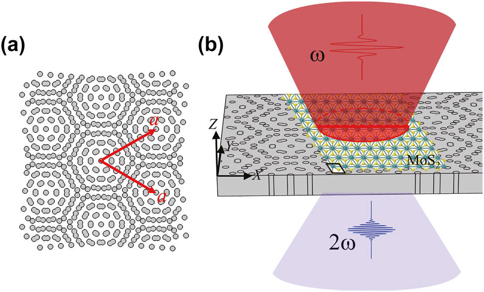 Figure 1:
Schematic structure of (a) a moiré superlattice (a is the lattice constant, twist angle θ = 9.43°), and (b) a MoS2 monolayer placed on the moiré superlattice.