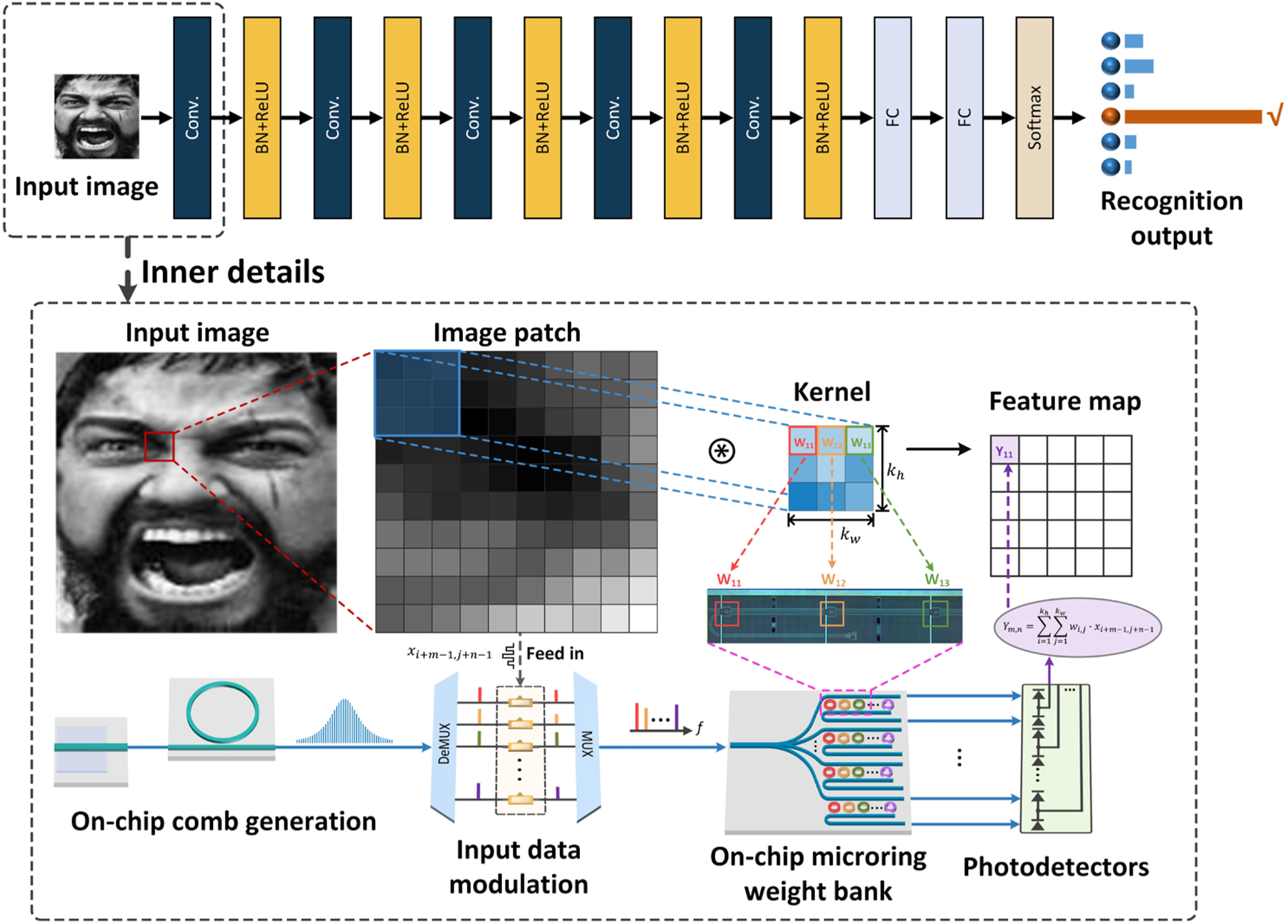 Figure 1: 
Conceptual drawing of the MIONN for human emotion recognition. Convolution operations in CNN models for human emotion recognition can be implemented at light speed in the MIONN. The DKS microcomb containing a series of equally spaced frequency lines is generated in the silicon nitride microring cavity as a multi-channel light source for the MIONN. The data of input images is encoded on the intensity of each frequency line through electro-optic modulation as the input of the on-chip microring weight bank. The weight parameters of the convolutional kernels are configured on the microrings of the on-chip weight bank, and the weight values can be changed on demand by adjusting the state of microrings. Photodetectors receive the output of on-chip microring weight bank and perform weighted summation operation. DeMUX: wavelength division demultiplexer, MUX: wavelength multiplexer.
