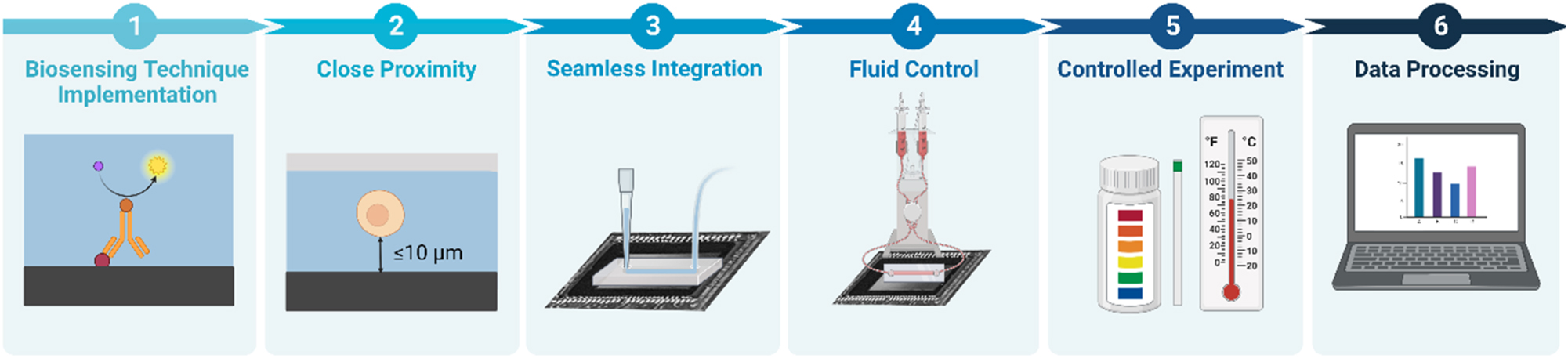 Figure 3: 
Key requirements to achieve biomicrofluidic integrated lensless contact imaging. (1) Biosensing technique implementation and the functionalization of the sensor surface. (2) Close proximity between the sample and the sensor surface. (3) Seamless integration between the microfluidic device and the sensor. (4) Fluid control to deliver the sample and confine the reaction to the active area of the sensor surface. (5) Physical experimental condition maintenance of the pH and temperature. (6) Data processing to analyze the data and potentially increase the spatial resolution of the acquired image.