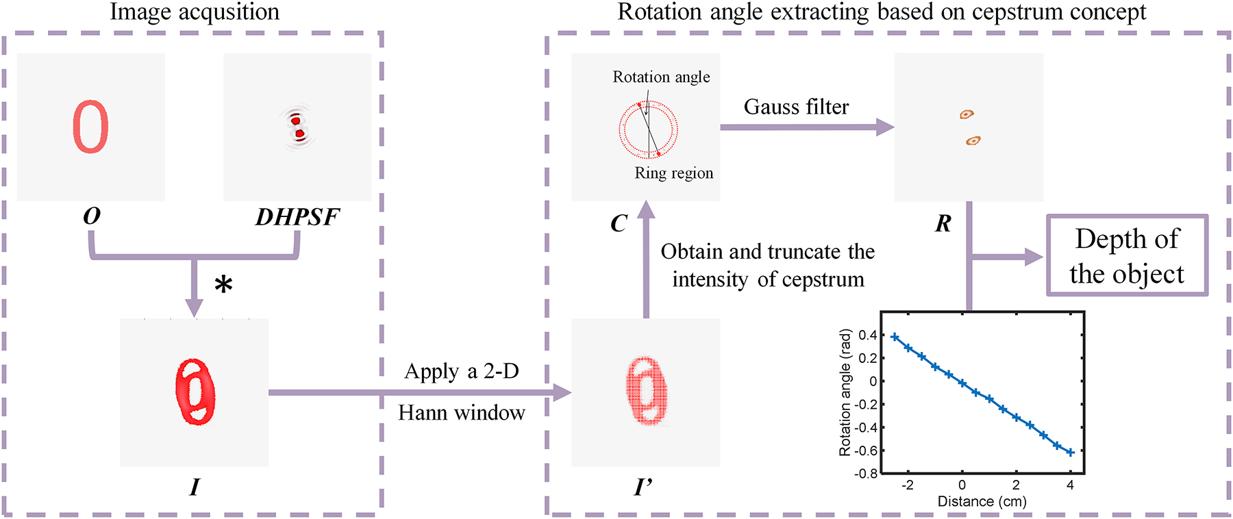 Figure 3:
Depth extraction algorithm. The double helix point spread function is obtained through digital Fourier transformation of the acquired image. The rotation angle of the main lobe in the Fourier domain is calculated by using the two-dimensional fast Fourier transform and phase retrieval algorithm. The distance from the corresponding point light source to the focal plane in the object space can be calculated from the obtained rotation angle, which indicates the depth information of the object.