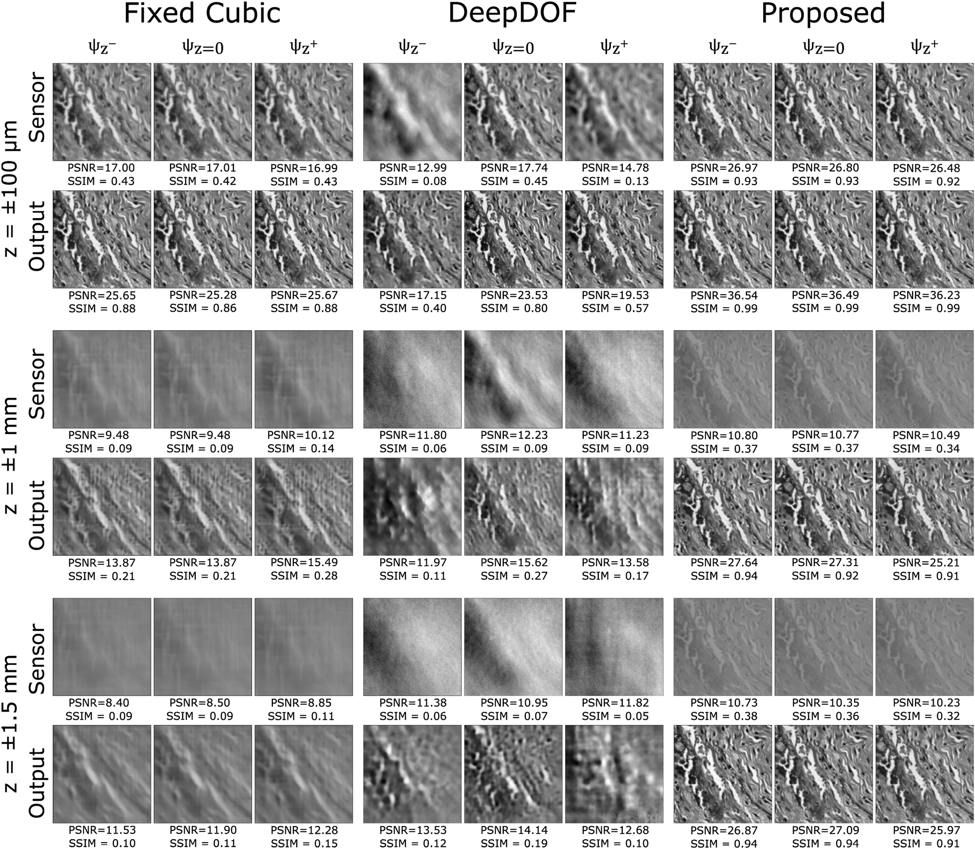 Figure 4: 
Simulated performance of a cubic-mask-enabled computational 4f system, DeepDOF model, computational EDOF microscope, optimized for various target depths. For all DOFs, our method shows superior performance.
