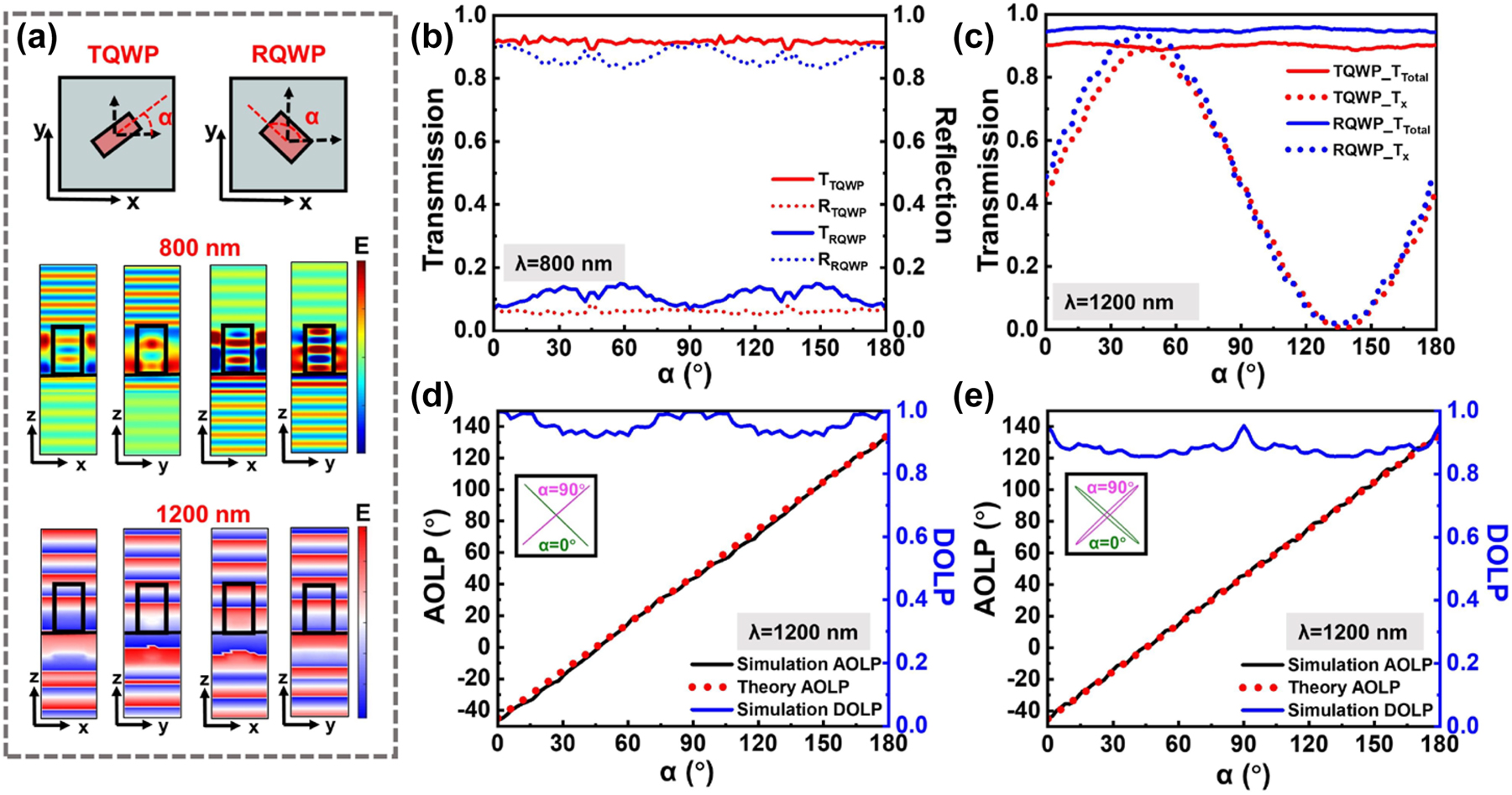 Figure 3: 
Numerical simulation results of selected TQWP and RQWP. (a) Top view of the TQWP and RQWP schematics. The simulated cross-sectional electric field for TQWP and RQWP at wavelength 800 nm and phase wavefront at wavelength 1200 nm under x- and y-polarizations, respectively. (b) The simulated total transmission and reflection as a function of various TQWP and RQWP orientation angles under RCP incidence at 800 nm. (c) The simulated total and x-polarized transmission with respect to different orientation angles under RCP incidence at 1200 nm. The DOLP and AOLP in simulation or theory as a function of the orientation angle for (d) TQWP, and (e) RQWP at wavelength 1200 nm. (Insets are the simulated polarization ellipse maps when the orientation angle of meta-atom is 0° and 90°).
