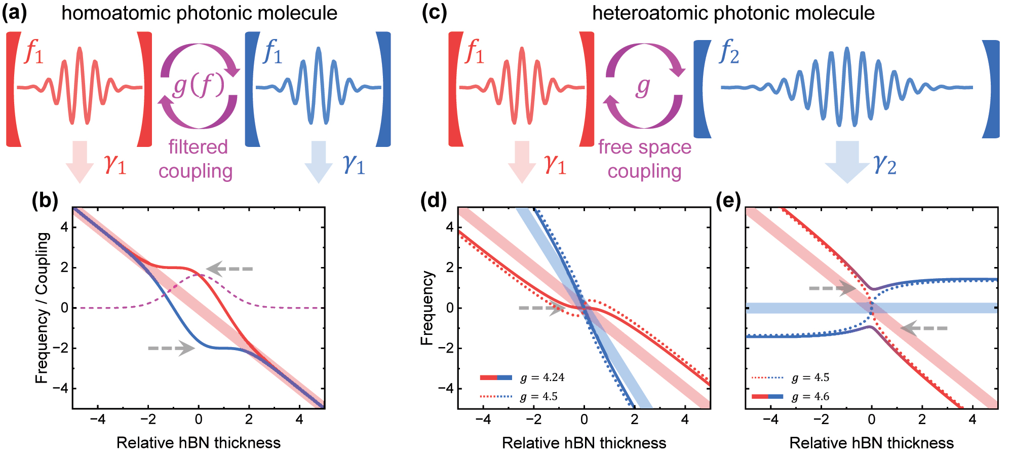 Figure 1: 
Coupled mode theory. (a) Schematic of the homoatomic photonic molecule. Two cavities have the same frequency f1 and loss rate γ1. A frequency-dependent (filter) coupling between them is used to achieve a parameter regime having a robust eigenfrequency. (b) The light line represents the bare frequency f1. The purple line is the frequency-dependent coupling strength g(f). The solid lines represent the eigenfrequencies of the molecule. (c) Schematic of the heteroatomic molecule. Two cavities have different frequencies f1(2) and loss rates γ1(2). (d)–(e) The light lines represent the bare frequencies f1(2). The dotted lines are the eigenfrequencies at the diabolical point (threshold between weak and strong coupling). Solid lines represent the eigenfrequencies of the molecules having a robust regime. Gray dashed arrows in (b) and (d)–(e) denote the position of robust eigenfrequencies (region with vanishing slope).
