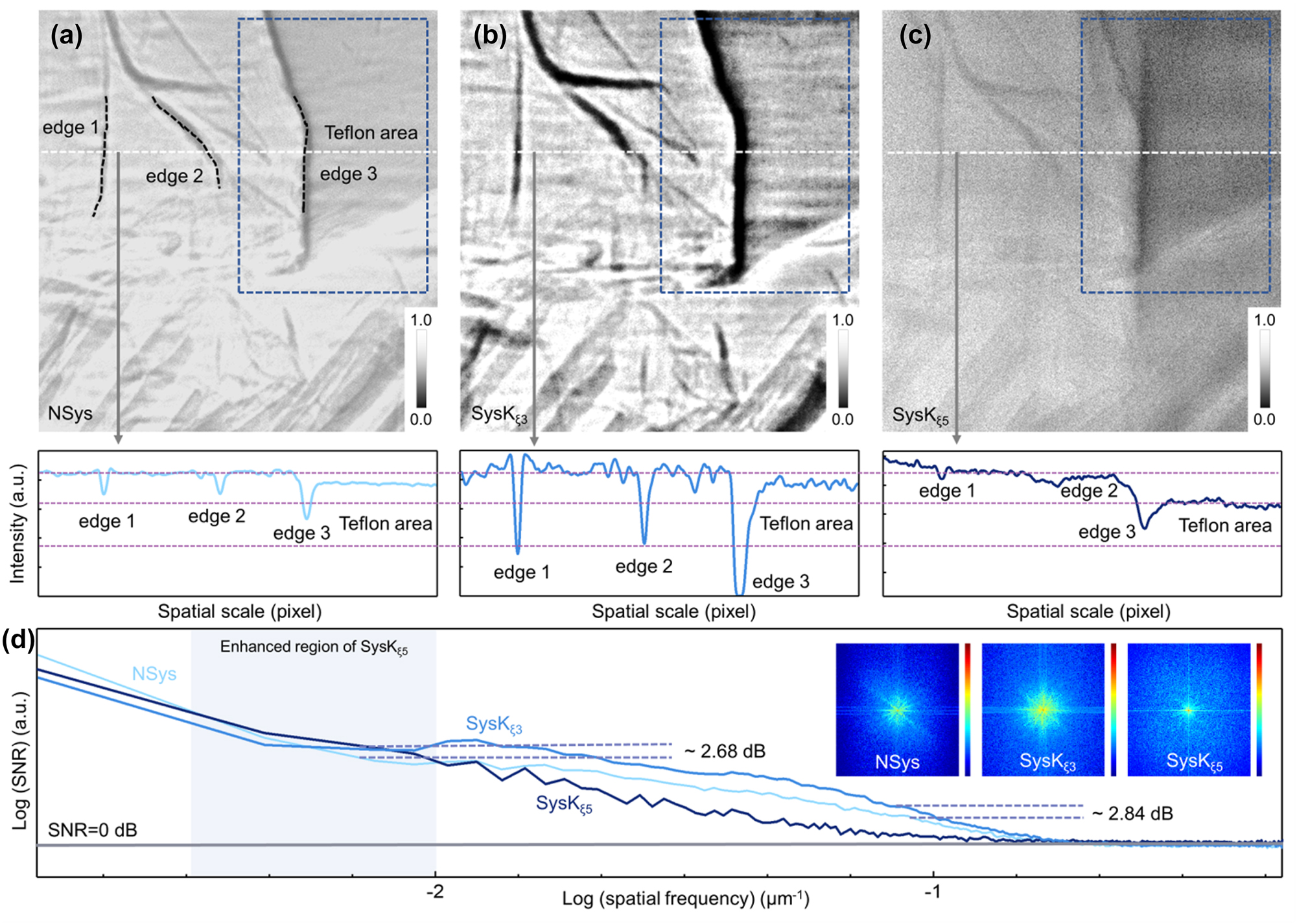 Figure 6: 
Measurement of proposed framework with multiclass convolutional kernels. (a) Image of the fin placed in a Teflon tube observed by NSys, (b) SysK

ξ3, and (c) SysK

ξ5 with the corresponding strength section. The blue box indicates the contrast between the two different enhancement features. (d) The curves of SNR in the whole spatial frequency range. The light blue area indicates the enhanced spatial frequency region. The 2D Fourier transform spectra of NSys, SysK

ξ3, and SysK

ξ5 are shown in inset.
