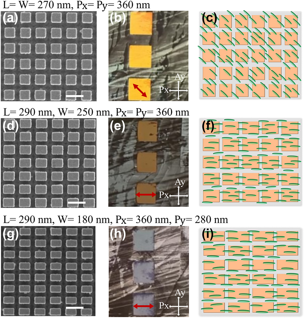 Figure 4:
LC alignment for different nanoantenna aspect ratios. (a), (d), (g) SEM images of the fabricated nanoantenna metasurface. The scale bar is 400 nm. Optical microscope images of LC infiltrated metasurfaces consisting of (b) nano-squares with L = W = 260 nm, H = 200 nm, P
x
= P
y
= 360 nm, (e) nano-rectangle with L = 290 nm, W = 250 nm, H = 200 nm, P
x
= P
y
= 360 nm and (h) nano-rectangles with L = 290 nm, W = 180 nm, H = 200 nm, P
x
= 360 nm, P
y
= 280 nm in a 500 nm LC cell without an alignment layer. The images are recorded under crossed polarizer (P
x
) along the x-axis and analyzer (A
y
) along the y-axis. The metasurface array size is 100 × 100 μm. The red arrow indicates the LC director orientation in the metasurface. Figure S7 in the Supplementary Information shows the images of the same metasurfaces for different orientations of array with respect to the polarizer. The schematic shows the top view for the LC alignment within metasurface consisting of (c) square shaped symmetric nanoantenna with x:y-AR = 1:1 and (f), (i) asymmetric nanoantenna with AR> 1:1.