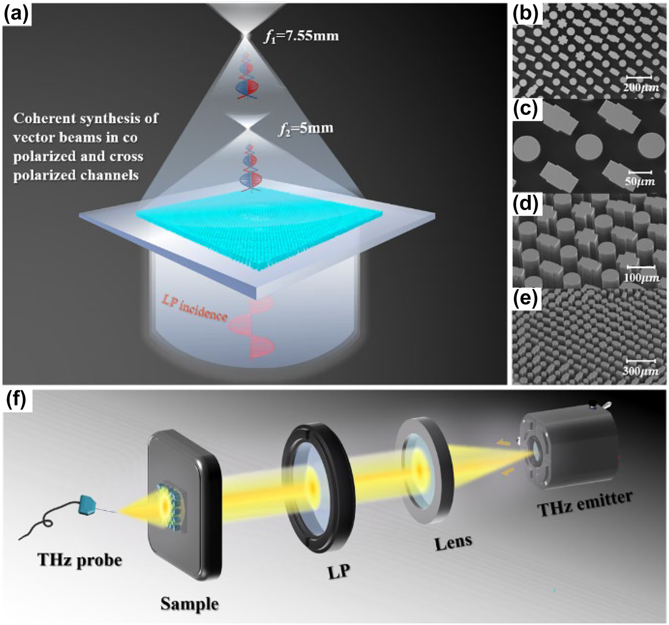 Figure 4: 
Experimental characterization scheme for the proposed metasurfaces. (a) Schematic of the transmitted field when a linearly polarized beam is incident on the structure. (b)–(e) SEM images of the sample at different angles and magnifications. (f) THz near-field scanning system is equipped with a miniature probe (LP-long-pass filter).
