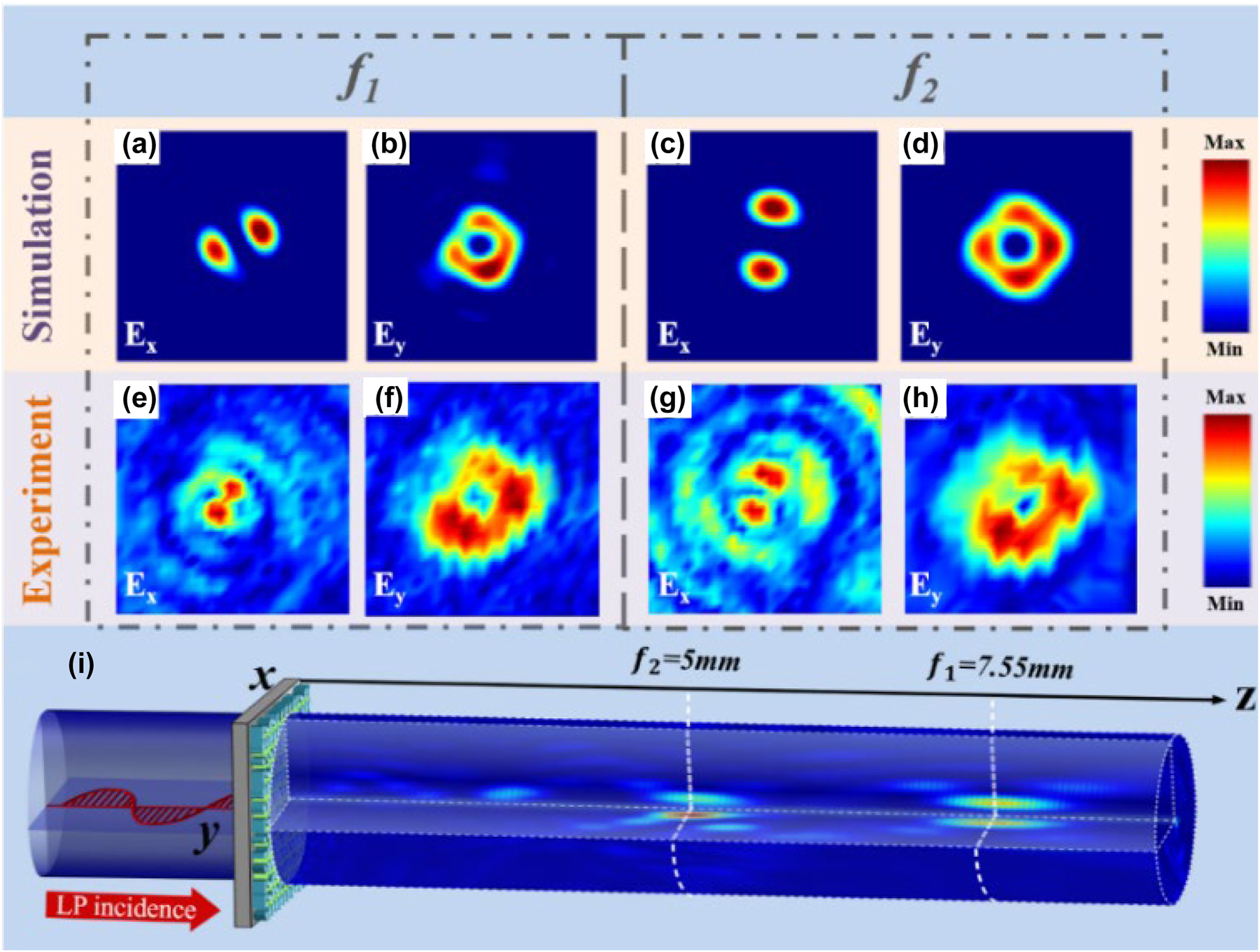 Figure 5: 
Simulated and experimental results of the transmitted electric field intensity distribution when an LP beam is incident along the x-axis. (a)–(d) Simulated results of the transmitted field E

x
 and E

y
 at focal point f
1 and f
2. (e)–(h) Experimental results of the transmitted field E

x
 and E

y
 at focal point f
2. (i) Schematic diagram of the LP beam incidence.
