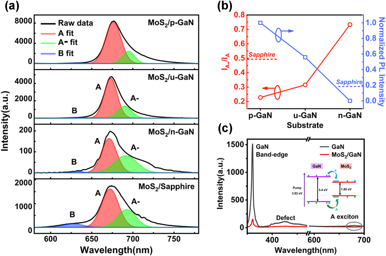Figure 4:
Effect of the differently doped GaN on the photoluminescence of monolayer MoS2. (a) PL spectra (excitation wavelength: 532 nm) and corresponding exciton peak fitting of monolayer MoS2 on p-GaN, u-GaN, n-GaN and sapphire. The neutral A exciton (red), B exciton (blue) and negative A-trion (green) fit are indicated together with the resulting cumulative spectrum (black). (b) The spectrum weight ratio I
A−/I
A and normalized PL intensity as a function of the doping type of GaN. (c) PL spectra (excitation wavelength: 325 nm) of MoS2/u-GaN heterostructure and bare u-GaN. Inset shows the schematic of the charge transfer at the MoS2/GaN heterointerface under such excitation.