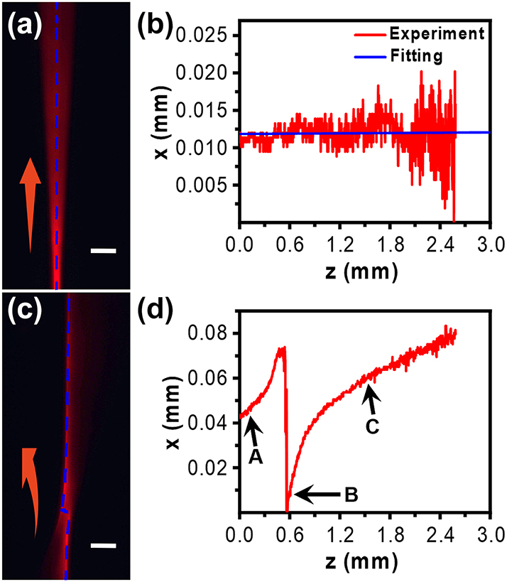 Figure 5:
The CCD-recorded trajectories of the Gaussian beam (a) and Airy beam (c) in air. The blue dotted lines indicate the center and the main lobe of the light beams analyzed in (b) and (d), respectively. Red arrows indicate the beam propagation direction. Scale bar in (a & c): 0.3 mm.