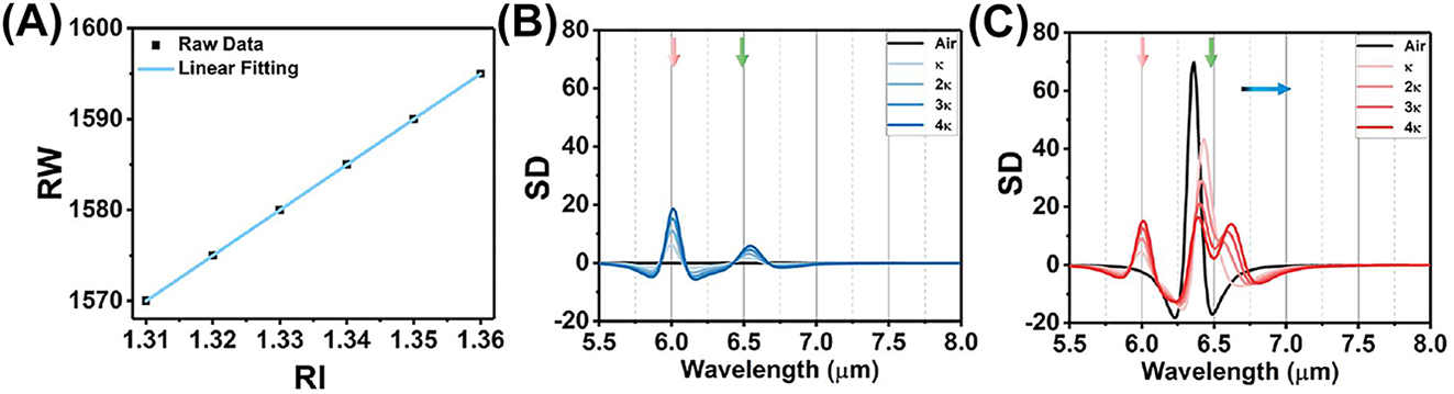 Figure 4:
The analyses of reflection spectra with functional protein coating. (A) The RI sensitivity in near infrared under S polarization defined by the linear fitting between resonance wavelength (RW) and RI. (B) The second derivative (SD) of reflection spectrum with S polarization in mid infrared. (C) The SD of reflection spectrum with P polarization in mid infrared.