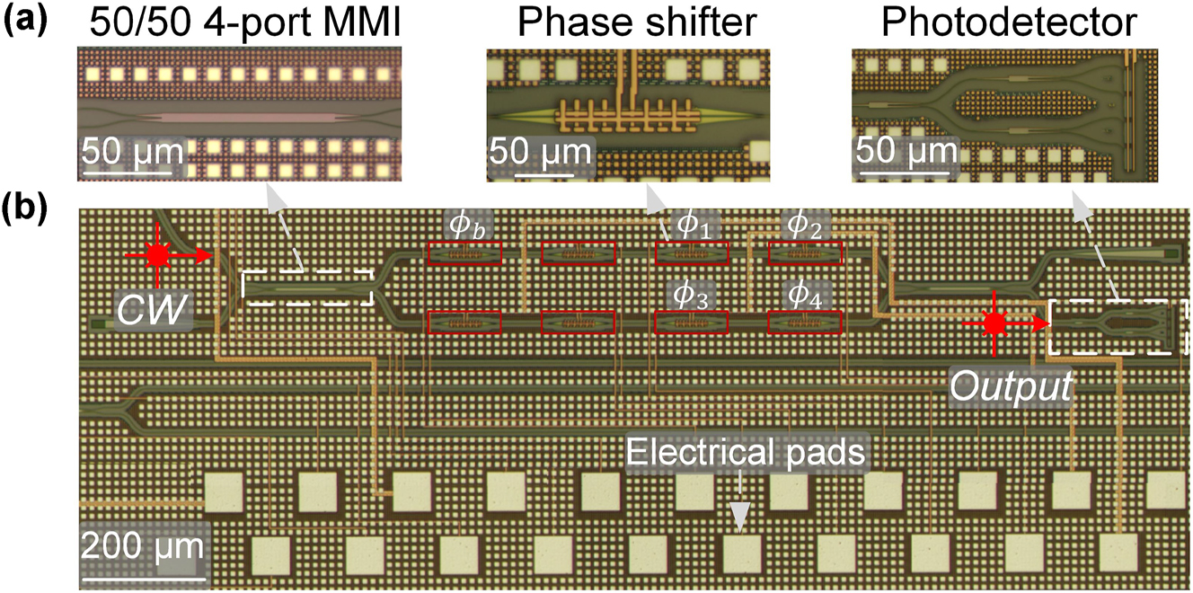 Figure 3: 
Schematic of the 4-operand MOMZI. The micrographs of necessary optical components are highlighted in (a) and the full schematic of the MOON is shown in (b). The phase shifters we use for training and biasing in this work are marked.
