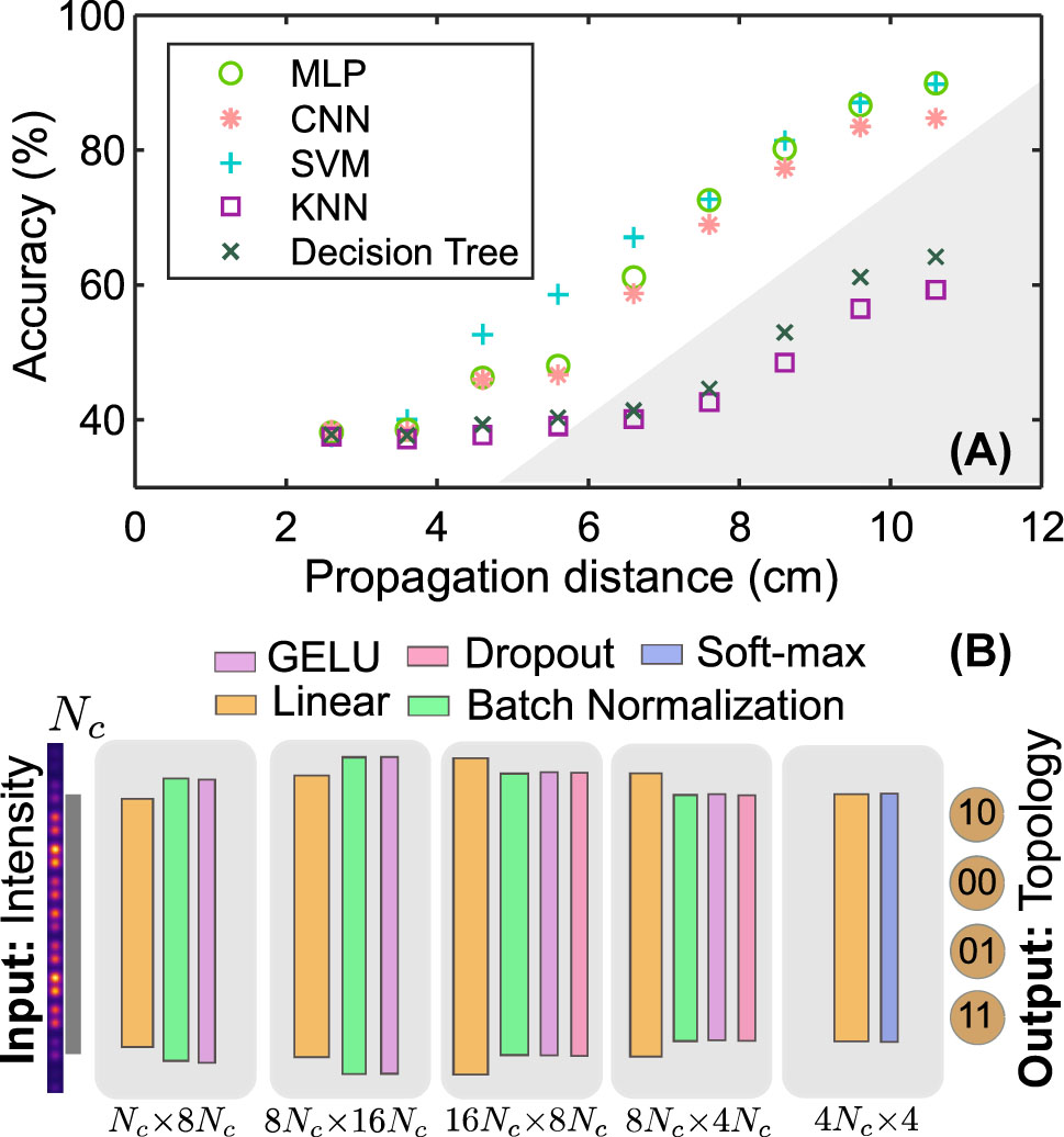 Figure 5: 
Supervised machine learning for determining topological classes. (A) Accuracy of supervised learning methods as a function of the propagation distance L. (B) Scheme of the convolutional neural network, which takes the intensity distribution at z = L as the input and determines topology of the lattice edges, N

c
 = 16.
