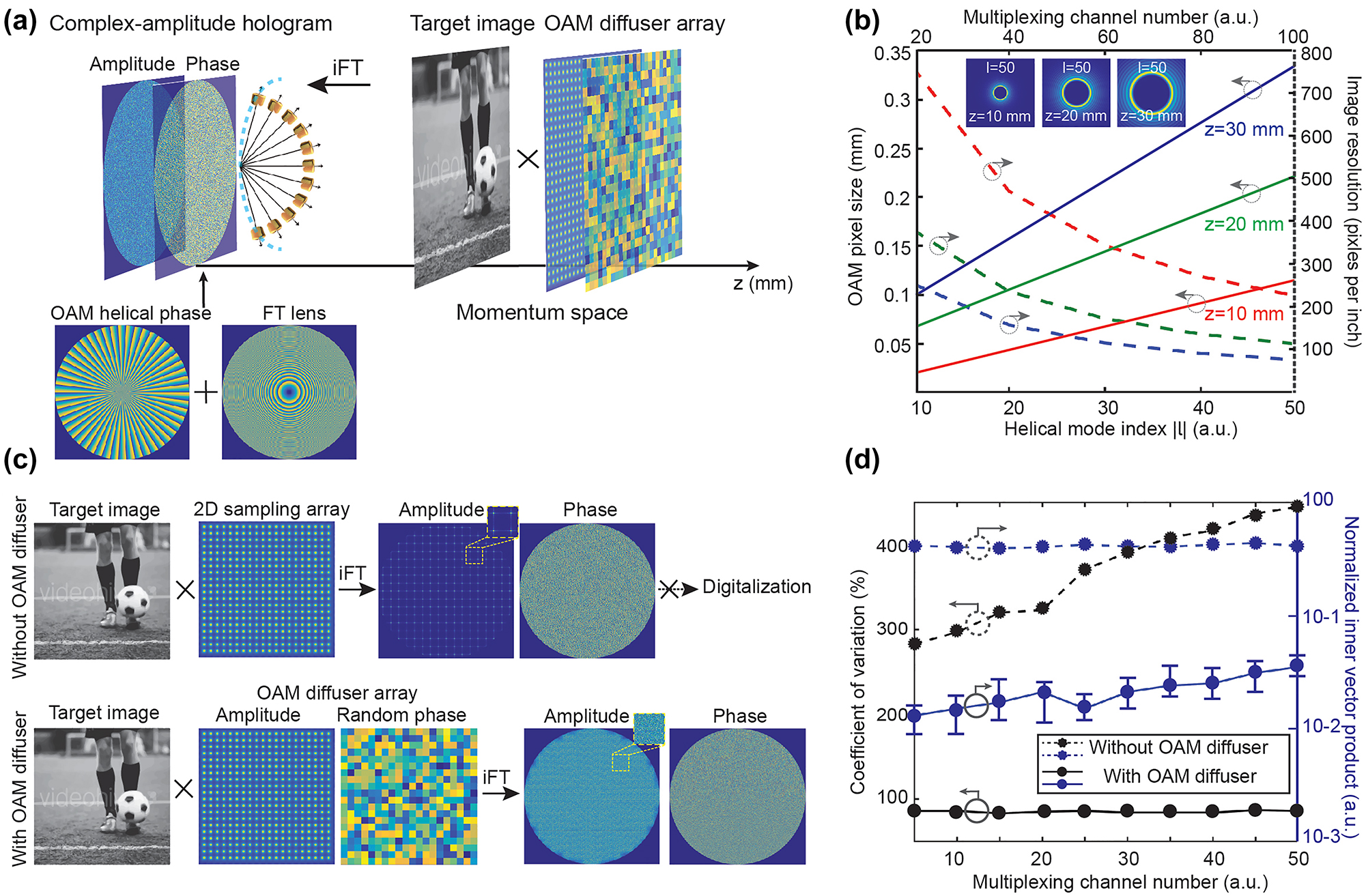 Figure 5: 
Design principle of a complex-amplitude hologram for OAM holography in momentum space. (a) Schematic illustration of OAM holography based on a complex-amplitude hologram that is sampled in its momentum space through an OAM diffuser array. OAM helical phase and a Fourier transform lens were added to the phase information of the complex-amplitude hologram, offering strong OAM selectivity at a given image plane. iFT represents inverse Fourier transform. (b) Numerical characterization of OAM pixel size and image resolution as a function of helical mode index |l| at different image planes, respectively. (c) The effect of an OAM diffuser array with random phase on the digitalization of a complex-amplitude Fourier hologram. (d) Numerical characterization of coefficient of variation (black lines) and normalized inner vector product (blue lines) of complex-amplitude Fourier holograms as a function of OAM-multiplexing channel number, with (solid lines) and without (dashed lines) the use of an OAM diffuser array, respectively. Reproduced from Ref. [39] with permission from Nature Publishing, copyright 2020.
