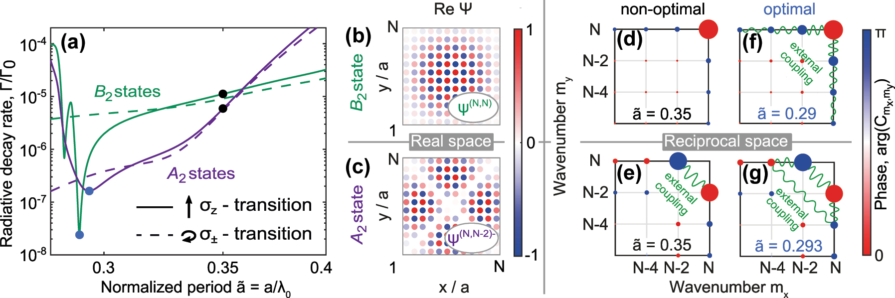 Figure 3: 
Characteristics of the subradiant states in 2D square array. (a) Normalized radiative decay rate of two most subradiant eigenstates corresponding to B
2 (green curves) and A
2 (violet curves) symmetry in 12 × 12 square array as a function of the normalized period 





a

̃




$\tilde {a}$



. (b, c) Real part of the wavefunction plotted in real space for the states shown in (a) with green and violet solid curves, respectively. (d–g) Expansion of the eigenstates, Eq. (2), shown in (a) with (d, e) black and (f, g) blue points; size of the circles indicate the amplitude of the corresponding harmonics; wavy lines illustrate the coupling between different harmonics.
