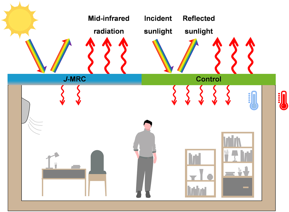 Figure 1:
Working principle of the J-MRC. Schematic of the J-MRC and the control sample (conventional radiative cooler) used as roofs of the enclosure with low inner temperature. Both of them can effectively reflect sunlight and strongly emit infrared thermal radiation to outer space. Different from the control sample, the J-MRC only shows high infrared emission in one direction, whose bottom side has high reflectivity and low emissivity in the mid-infrared region, thus reducing radiative heat exchange with underlying low-temperature enclosure.