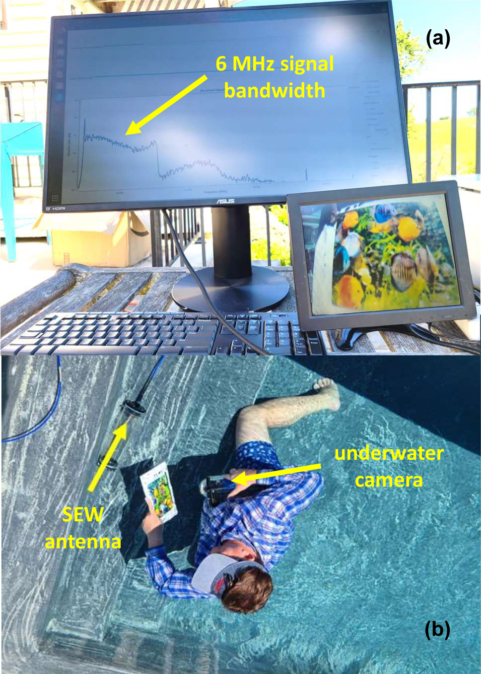 Figure 5: 
Transmission of live high-definition video image underwater using SEW antennas operating at 30 MHz carrier frequency. As indicated in (a), the video signal bandwidth is 6 MHz.