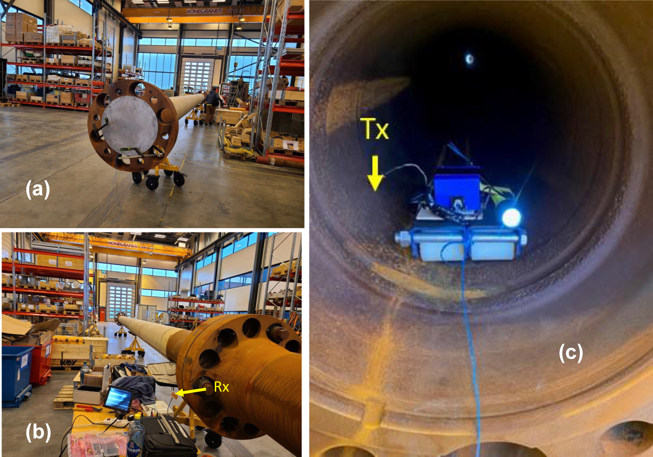 Figure 6: 
SEW mediated transmission of Wi-Fi video signal through a 32 m long section of a steel riser pipe. The pipe was tightly closed on both ends with thick aluminium shields (a). The Wi-Fi video transmitter was moved through the length of the pipe, while live video (seen on the monitor in image (b)) was transmitted from inside the pipe (c) with no interruption.