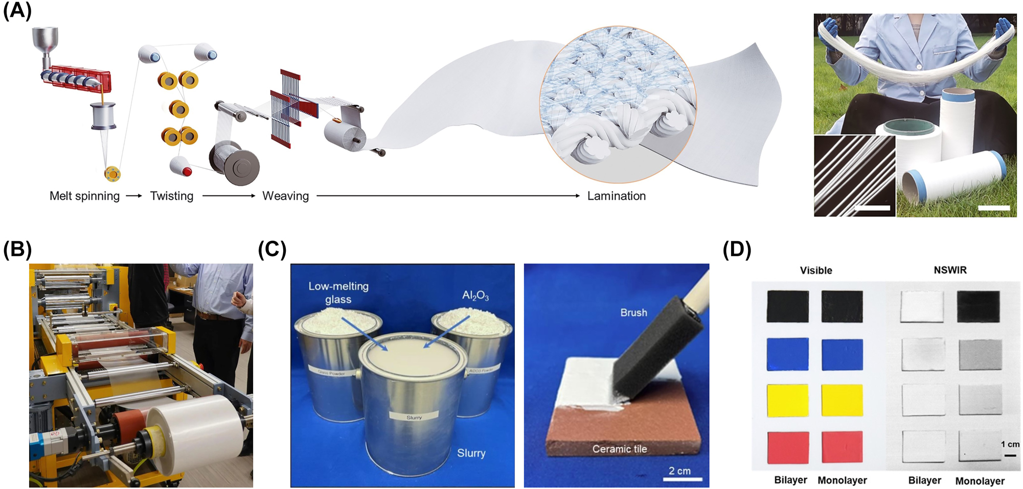 Figure 10: 
Parts of responses to challenges for serving practice. (A) Schematic illustration of assembly line for large-scale preparation of radiative cooling fabrics (left). Radiative cooling fibers with randomly distributed particle structure are prepared by melting spinning (right) [19]. (B) Radiative cooling film with randomly distributed particle structure is large-scale produced by roll-to-roll manufacturing method [18]. The picture is from the website of Colorado University [107]. (C) Radiative cooling paints are composed of low-cost raw materials (left) and could be applied on the surface of the object by brush painting, air spray coating, or blade coating, same as the commercial (right) [22]. (D) Colorful radiative cooling paints show the same appearance as the commercial, but an opposite near-infrared emission [108]. Panels adapted with permission from AAAS.

