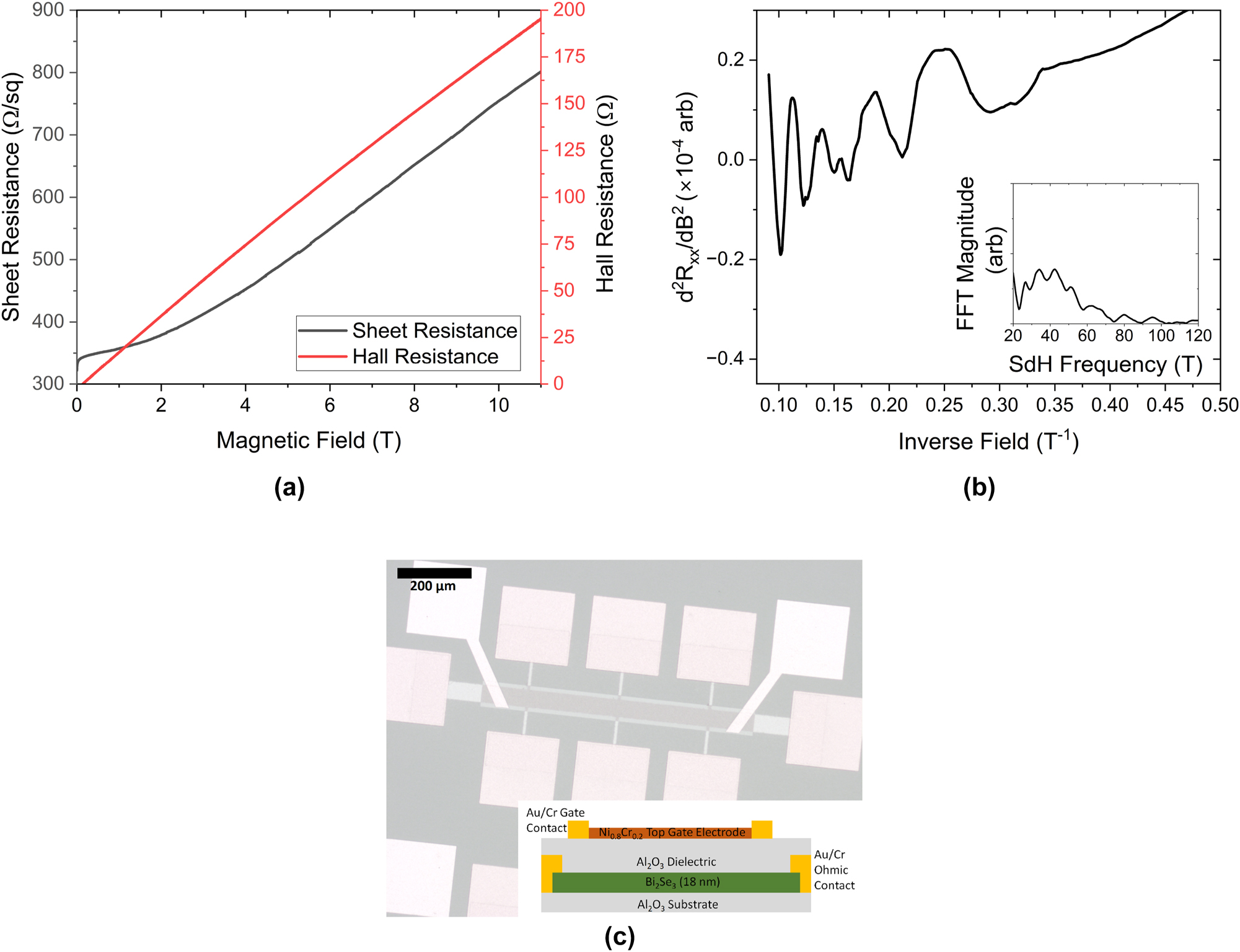 Figure 1:
Low-temperature magnetotransport characterisation of the Bi2Se3 sample at 0.4 K. (a) Shows the sheet (longitudinal, black) and Hall (red) resistances for the sample up to 11 T. The dip in sheet resistance at 0 T is characteristic of the weak anti-localisation displayed by this material. Note that the Hall trace is non-linear as a function of field, indicating the presence of two carrier gasses with differing mobilities. (b) Shows the second derivative of the sheet resistance in (a) as a function of 1/B, revealing periodic SdH oscillations. The inset shows the FFT of (b), revealing a 42 ± 1 periodicity to the oscillations. (c) Shows an optical micrograph of a gated Hall bar used in this study. The orange squares are Cr/Au ohmic contacts under the Al2O3 dielectric, the yellow-white squares are Cr/Au gate contacts and the brown square is the thin Ni0.8Cr0.2 top gate electrode on top of the Bi2Se3 channel. The inset shows a schematic side-view of the device structure.