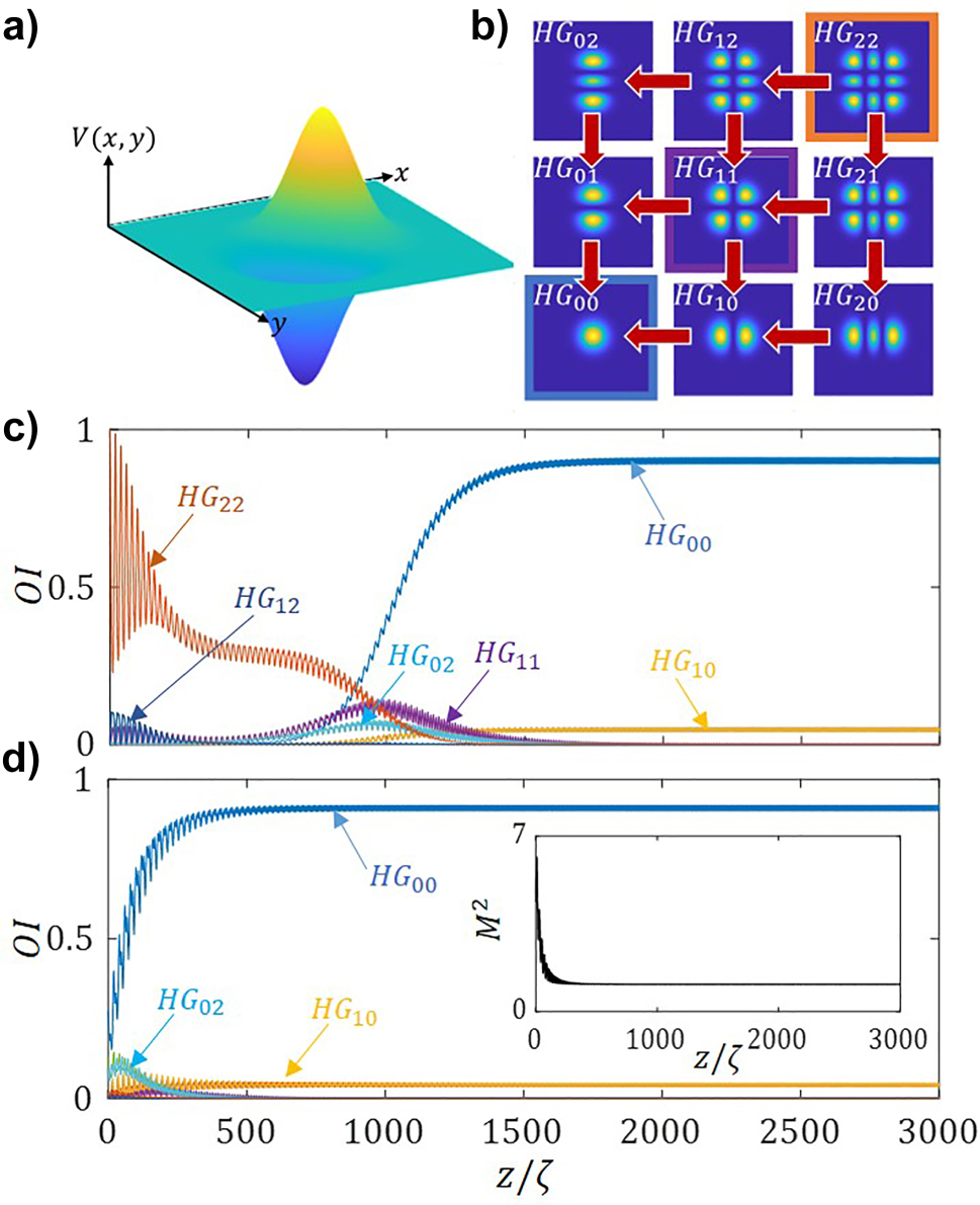 Figure 8: 
2D mode-cleaning. (a) Transverse profile of the applied non-Hermitian potential in Eq. (16). (b) Visualization of the mode unidirectional coupling both directions. Relative mode intensities, OI, as a function of the propagation distance, normalized to the self-imaging period. For: (c) an incident monomode HG

22
 beam, and (d) upon a noisy random input. The parameters used are same as in Figure 4. Note in (c) (HG
12 and HG
21), (HG
02 and HG
20) and (HG
01 and HG
10) are superposed.
