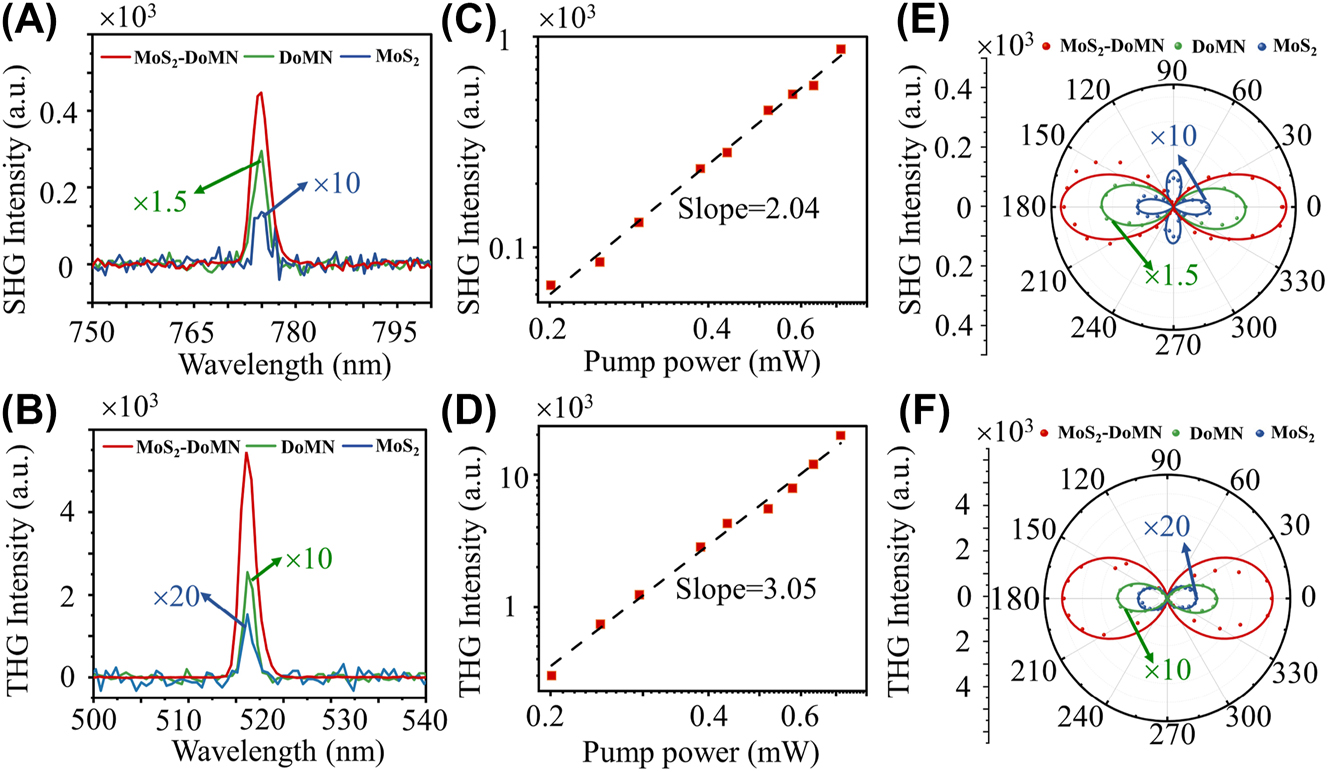 Figure 3: 
Characterization of nonlinear response in hybrid structures. (A) SHG and (B) THG spectra of MoS2-DoMN (red), DoMN (green), and MoS2 on SiO2/Si substrate (blue) under an excitation wavelength of 1550 nm. (C) SHG and (D) THG peak intensities as a function of laser power in a log-log plot. Polar plots of the polarization of (E) SHG and (F) THG signals from the monolayer MoS2 on SiO2/Si substrate (blue dots), DoMN (green dots), and the MoS2-DoMN (red dots). The experimental results are well-fitted by the theoretical model (solid lines).
