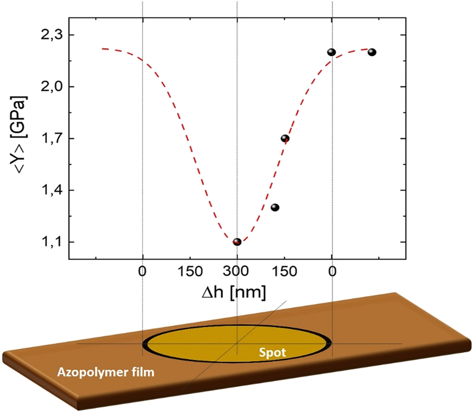 Figure 4: 
Photo-softening effect observation by means of bimodal AFM. Average Young modulus <Y> obtained from bimodal AFM measurements achieved in five different positions of the irradiated spot. These elasticity values are plotted in function of the topographical peak-to-peak (Δh), which we have assumed to vary linearly with respect to the actual position on the irradiated spot. The error bars associated to each data (corresponding to the fitting error) are too small to be represented. The red dashed line represents a Gaussian fit of the experimental data.
