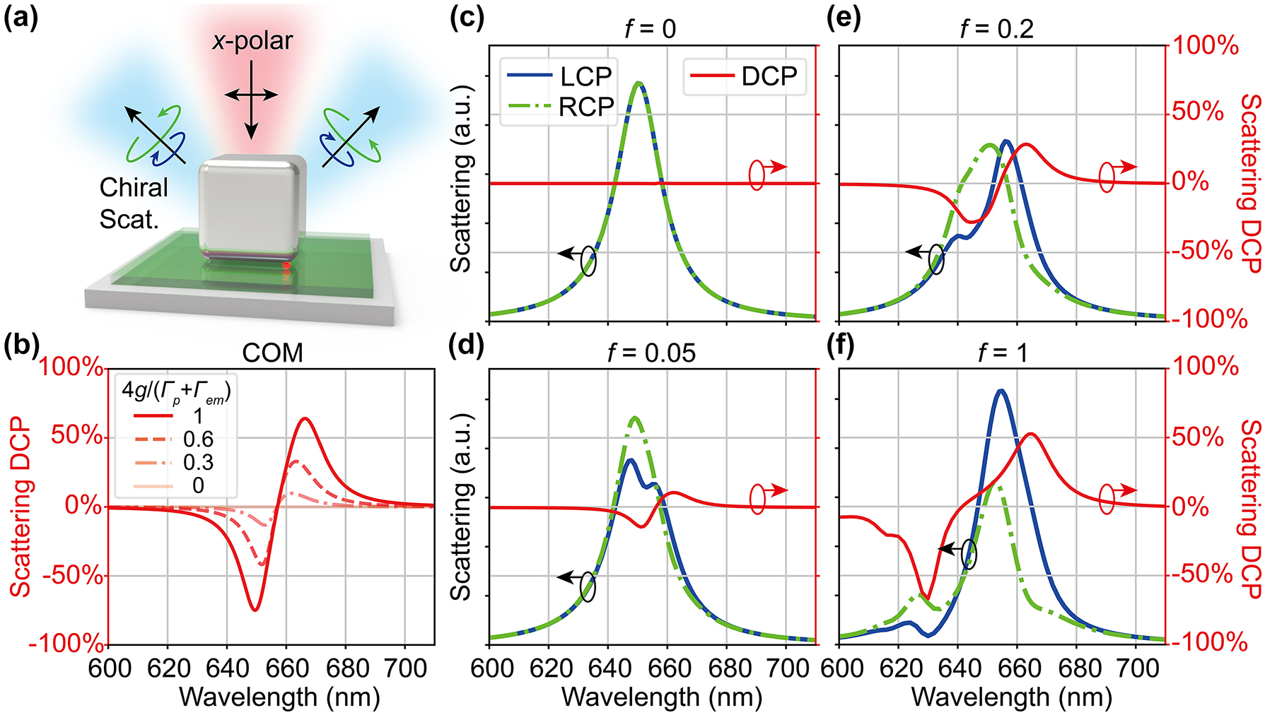 Figure 4: 
Modulation of chiral scattering DCP by the plasmon-emitter coupling. (a) Schematic of chiral scattering from the plasmon-emitter hybrid system under x-polarized excitation. (b) Dependence of scattering DCP spectra on the coupling strength calculated using the COM. (c)–(f) Numerical simulation of the chiral scattering from the hybrid system for emitter oscillator strength (c) f = 0, (d) f = 0.05, (e) f = 0.2, and (f) f = 1.
