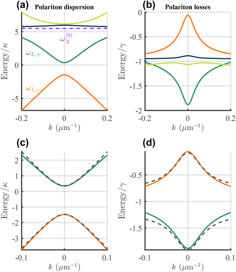 Figure 2: 
Dirac exciton–polariton dispersion relation. Solid lines show the (a) real and (b) imaginary energies of the polariton dispersion from Eq. (9) with the exciton line and the lower symmetric ω
L,+ and antisymmetric ω
L,− branches marked. (c and d) Show a zoom of the real and imaginary energies belonging to the lower symmetric and antisymmetric polariton states. The dashed black lines show the approximation obtained using (10). Here we set: φ = 0, Ω/κ = 1.8, 
ℏ
ω
X
(
0
)
/
κ
=
5.5
$\hslash {\omega }_{X}^{\left(0\right)}/\kappa =5.5$
, and γ
nr = γ corresponding to physical values obtained from RCWA (see Methods).