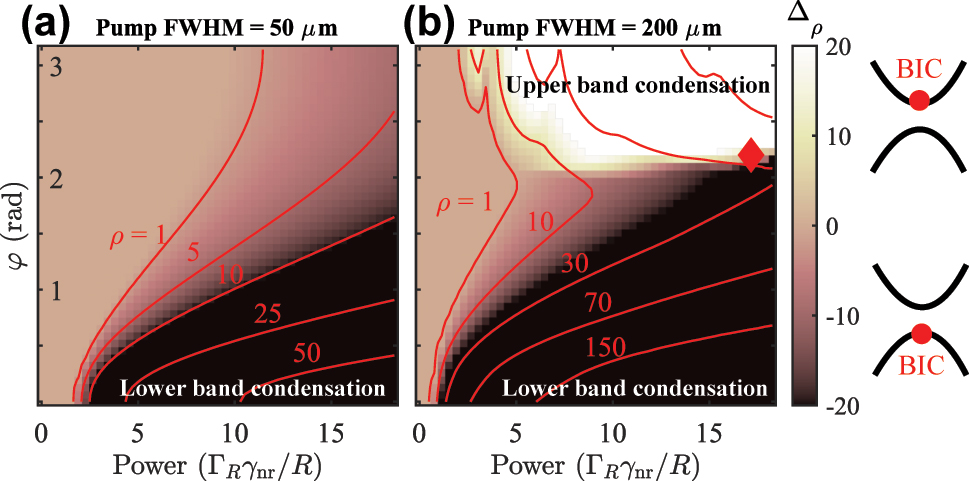 Figure 4: 
Condensation phase map as a function of BIC location and power. Average condensate population difference ⟨Δ
ρ
⟩ between the symmetric and antisymmetric projections (branches) as a function of pump power, and the dissipative coupling parameter φ, and two different sizes of the pump spot. The colorscale is saturated around ±1 to more clearly show the white-dark regions. The red contours show total (ρ = Ψ†Ψ) isodensity curves. Other parameters are the same as in Figure 3.