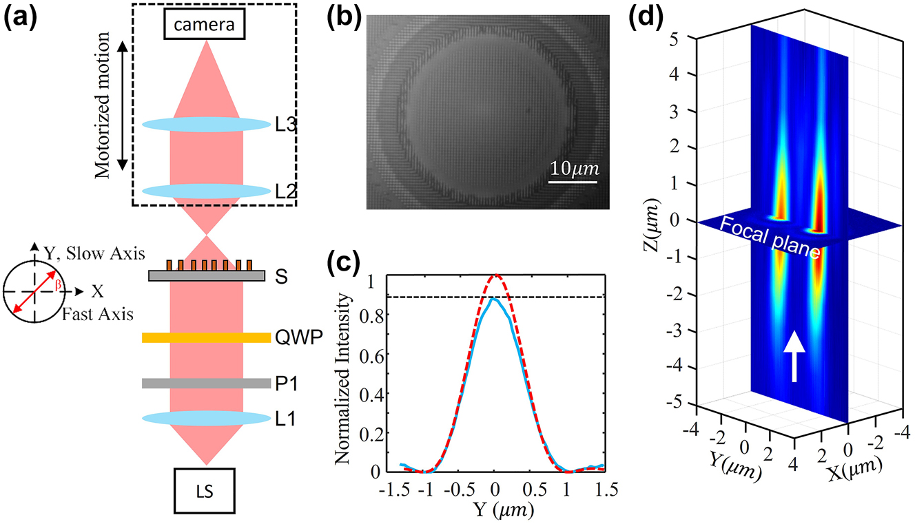 Figure 2:
Optical charaterization of the metasurface. (a) Optical characterization setup configuration. LS, 1550 nm fibre laser source; L1, fibre collimator; P1, polarizer; QWP, quarter waveplate; S, metalens sample; L2, NA = 0.9 100× Nikon objective lens; L3, tube lens; camera, InGaAs-based; (b) central image of the metalens; (c) Strehl ratio of samples. Red dashed curve: diffraction limitation corresponding to 0.9; Blue line: measured intensity at focal plane; (d) focusing process near the focal plane.