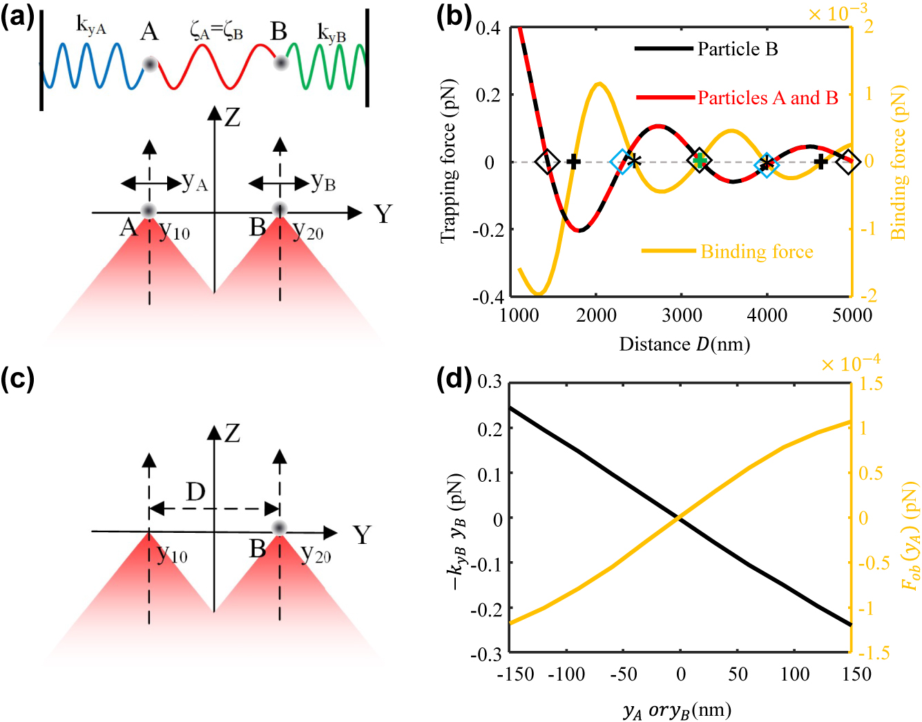 Figure 7: 
Optical binding model and coupling force. (a) And (c) models for calculating optical binding forces; (b) optical force and binding force versus distance D; (d) spring optical force (k

By

y

B
) and optical binding force [




f


o
b






y


A






${f}_{ob}\left({y}_{A}\right)$



] on particle B.
