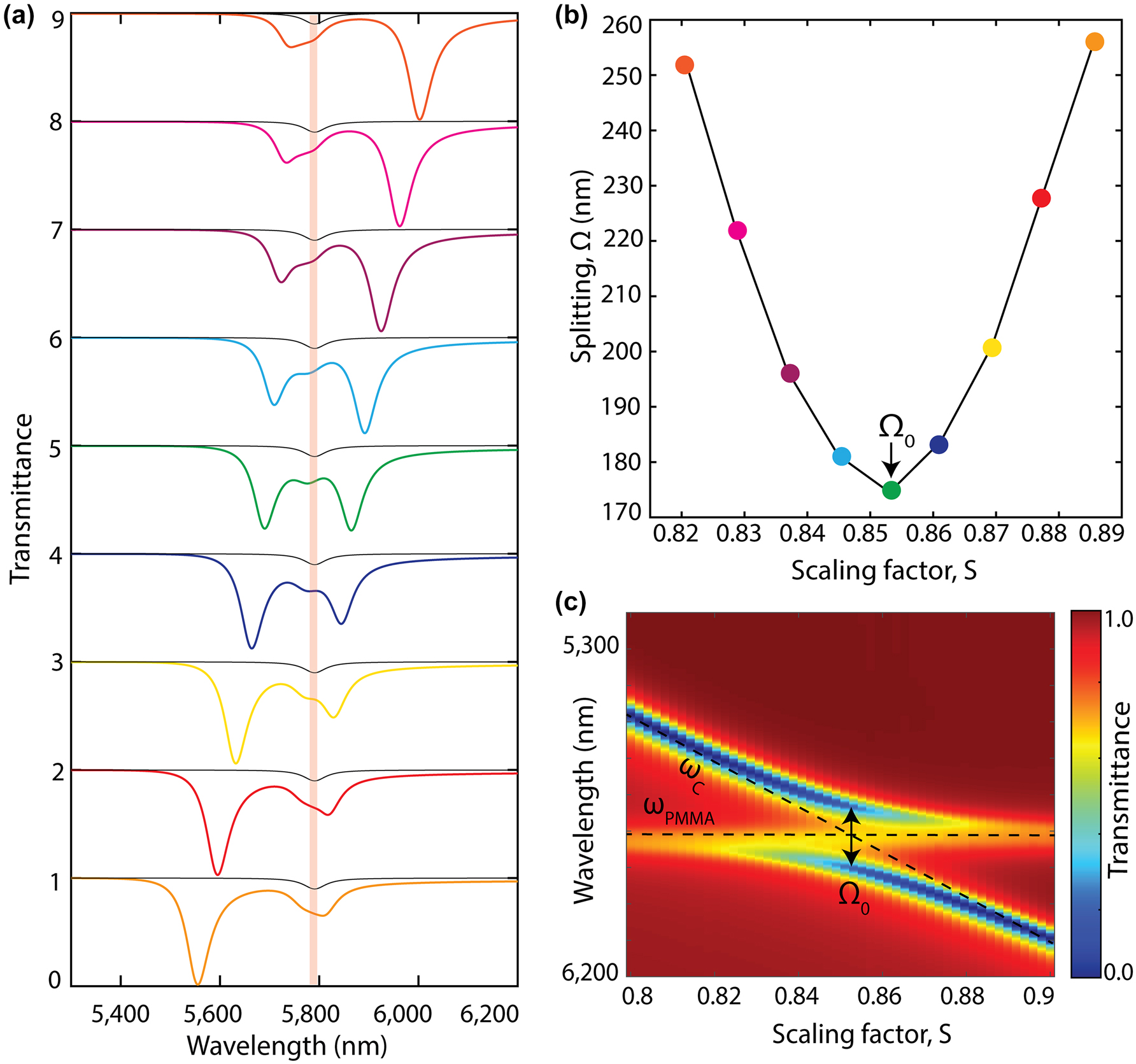 Figure 2:
Spectral detuning between cavity resonance and molecular vibration transition mode. (a) Numerically simulated transmission spectra of a coupled system at various detuning where q-BIC metasurface cavity (θ = 20°) resonance is spectrally swept through 50 nm PMMA’s C=O absorption peak at 5780 nm resonance wavelength by varying the metasurface scaling factor, S. The transmission spectra of 50 nm PMMA layer without the metasurface is shown with the gray line. (b) Splitting, Ω, between the hybrid modes (ω
±) as a function of metasurface scaling parameter, S, where Ω0 marks the splitting at the zero-detuning (Rabi splitting). (c) Transmission spectra of the coupled system, numerically calculated by varying the metasurface scaling factor, S, reveal the hybrid mode anticrossing feature of the VSC. The uncoupled molecule’s vibrational frequency, ω
PMMA
, and cavity resonance mode, ω
c
, are individually marked with black dashed lines.