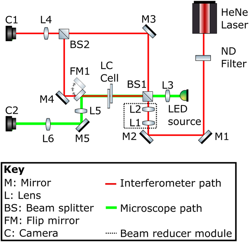 Figure 2:
Schematic of the Mach–Zehnder interferometer and imaging system used to characterize the laser-written liquid crystal optical vortex beam generators fabricated in this work. The continuous wave He–Ne laser emitted at a wavelength of λ = 633 nm. The liquid crystal optical vortex beam generator is labeled as LC cell in the diagram.