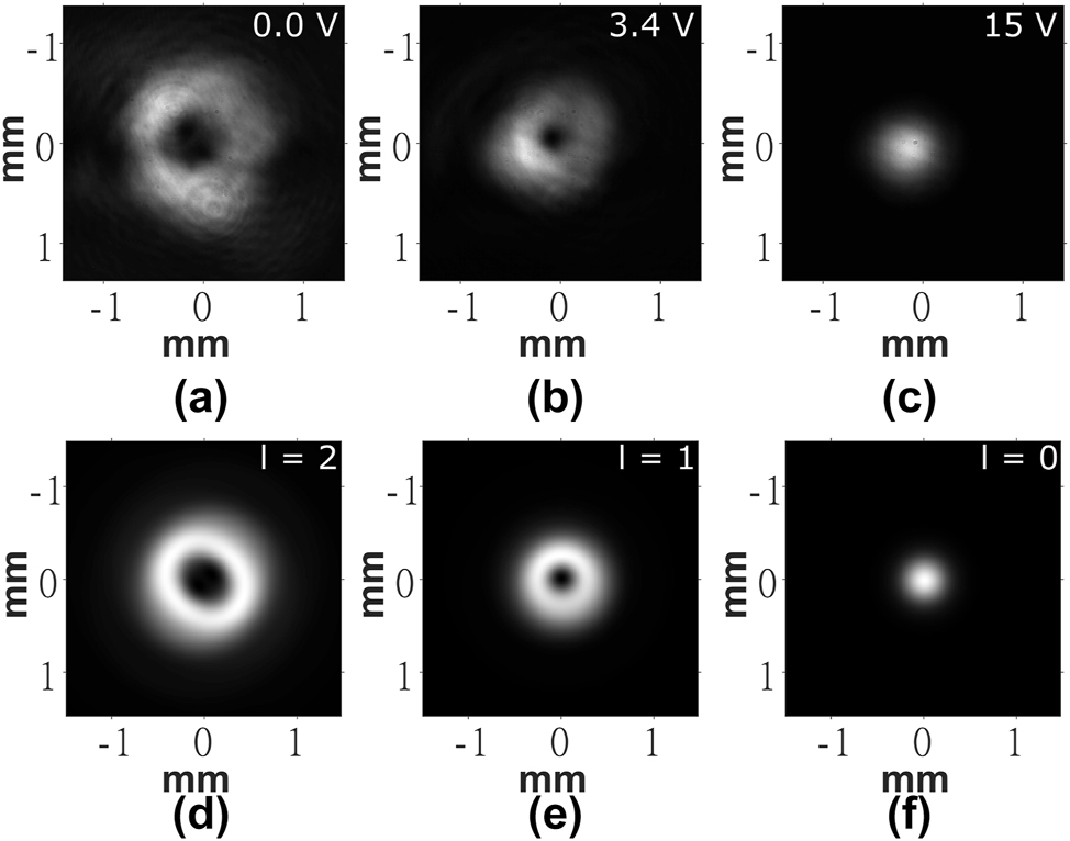 Figure 4:
Far-field images of the intensity of the He–Ne laser captured for the laser written liquid crystal optical vortex beam generator. (a)–(c) Experimental results and (d)–(f) results from simulations. The voltages applied to the LC layer are shown in the top right corner of each image obtained from experiments. The order, l, is labeled in the top right corner of each image obtained from simulations.
