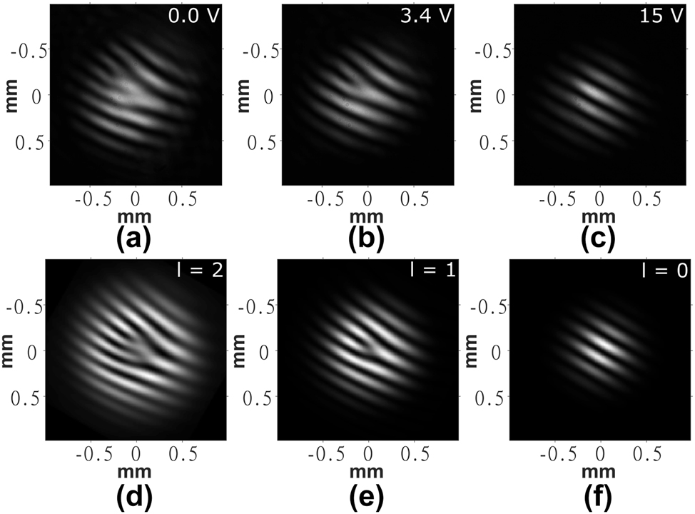 Figure 5:
Far-field interferogram images captured for the laser written liquid crystal optical vortex beam generator when a planar wave propagated along the reference arm of the Mach–Zehnder interferometer in Figure 2. (a)–(c) Experiment results and (d)–(f) results from simulations. The voltages applied to the LC layer are shown in the top right corner of each image obtained from experiments. The order, l, is labeled in the top right corner of each image obtained from simulations.