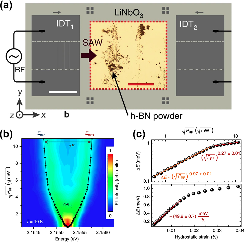 Figure 5: 
Dynamic wavelength tuning of hBN SPEs through surface acoustic wave. (a) Schematic of the SAW device for inducing periodic strain field to the SPEs in hBN nanoflakes. (b) The false-color spectrum of the SPE emission in hBN nanoflakes under different SAW amplitudes (






P


R
F






$\sqrt{{P}_{RF}}$



). (c) The energy splitting (ΔE) as a function of the SAW amplitude (up) and the SAW-induced hydrostatic strain to the hBN nanoflakes (down). Adapted under the terms of Creative Commons CC BY license [116]. Copyright 2019, Springer Nature.
