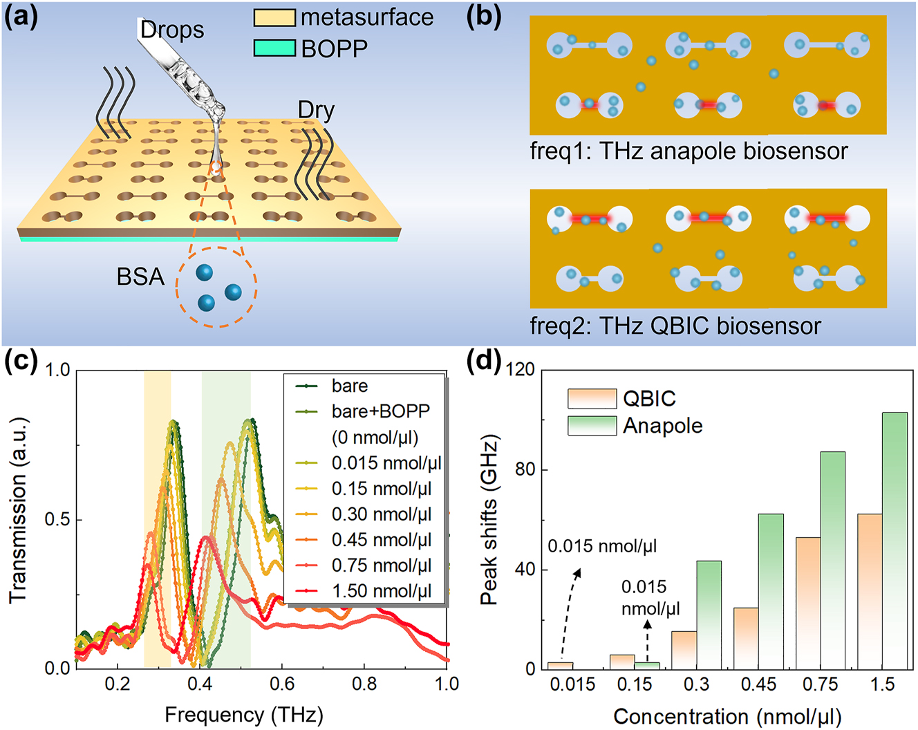 Figure 7:
Experimental results of BSA biosensing. (a) Schematic diagram of sample processing. (b) Electric field interactions with BSA for anapole mode and QBIC. (c) Changes of transmission spectra for different BSA concentration. (d) Resonance peak shifts of QBIC and anapole mode.