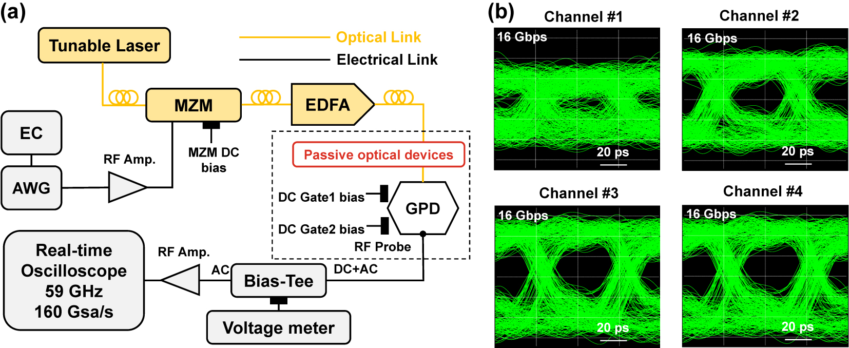 Figure 6: 
Demonstration of WDM optical data transmission by our optical receiver. (a) Measurement setup. EC: embedded controller, AWG: arbitrary waveform generator, MZM: Mach–Zehnder modulator. (b) Eye diagrams (0.01 mV div−1) of the 16 Gbps NRZ OOK data transmission by using four channels #1–#4, operating at zero-current bias. The modulated optical power input to the GPD is P
in = 2 mW.