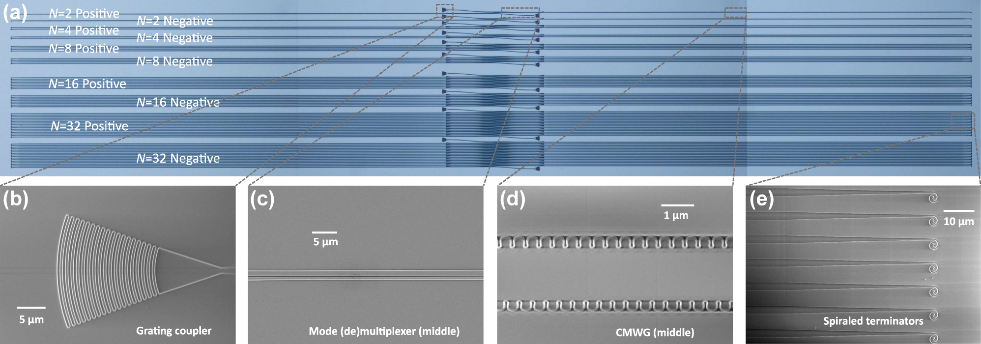 Figure 5: 
Microscope and SEM images. (a) Microscope image of the fabricated dispersion compensator composed of CMWGs in zigzag-cascade; (b–d) SEM images of the grating coupler (b), the mode (de)multiplexer (c), and the grating corrugations (d).
