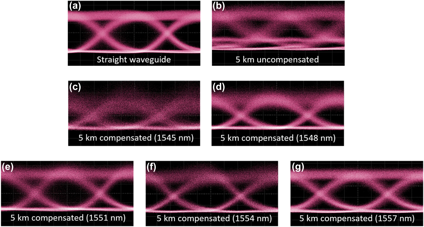Figure 7: 
Measured eye diagrams of 40 Gbps OOK signals. (a) Straight waveguide only; (b) straight waveguide with a 5-km-long SMF added before; (c–g) post-compensated 5-km-long SMF at 1,545 (c), 1,548 (d), 1,551 (e), 1,554 (f), and 1,557 nm (g).
